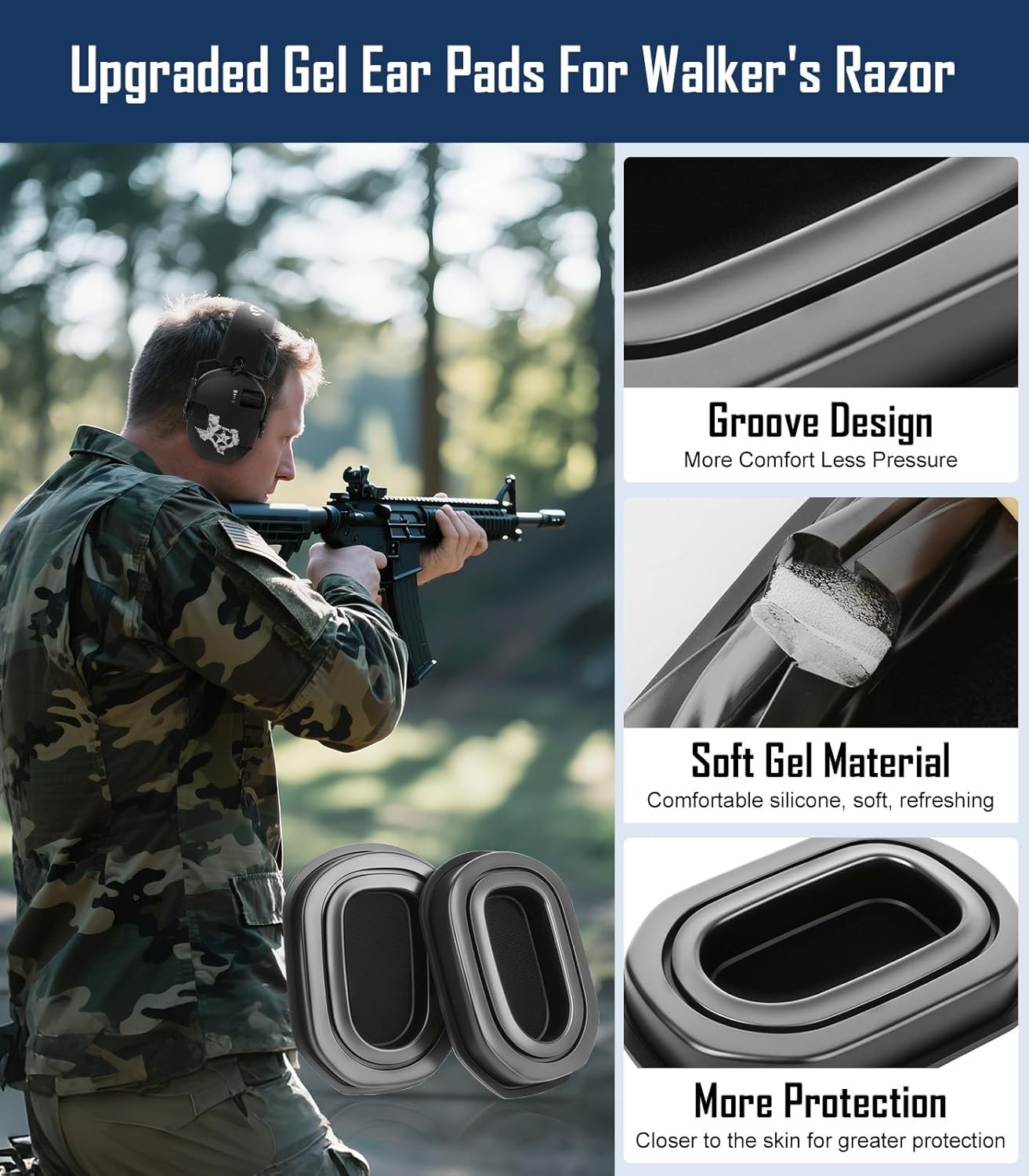 Upgraded Gel Ear Pads for Walker's Razor Earmuffs, Comfortable Black-1PACK