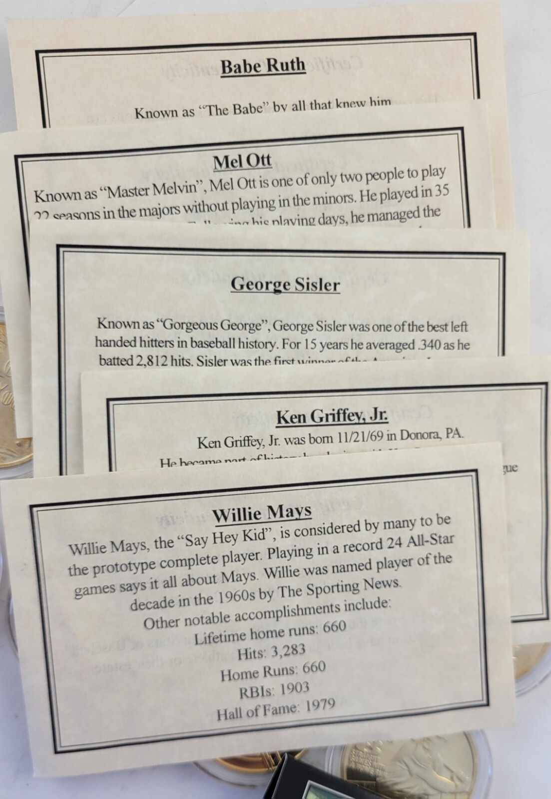 12pc.Shining Stars of Baseball Plated 24KT Gold: CyYoung, Bebe Ruth, Willie Mays