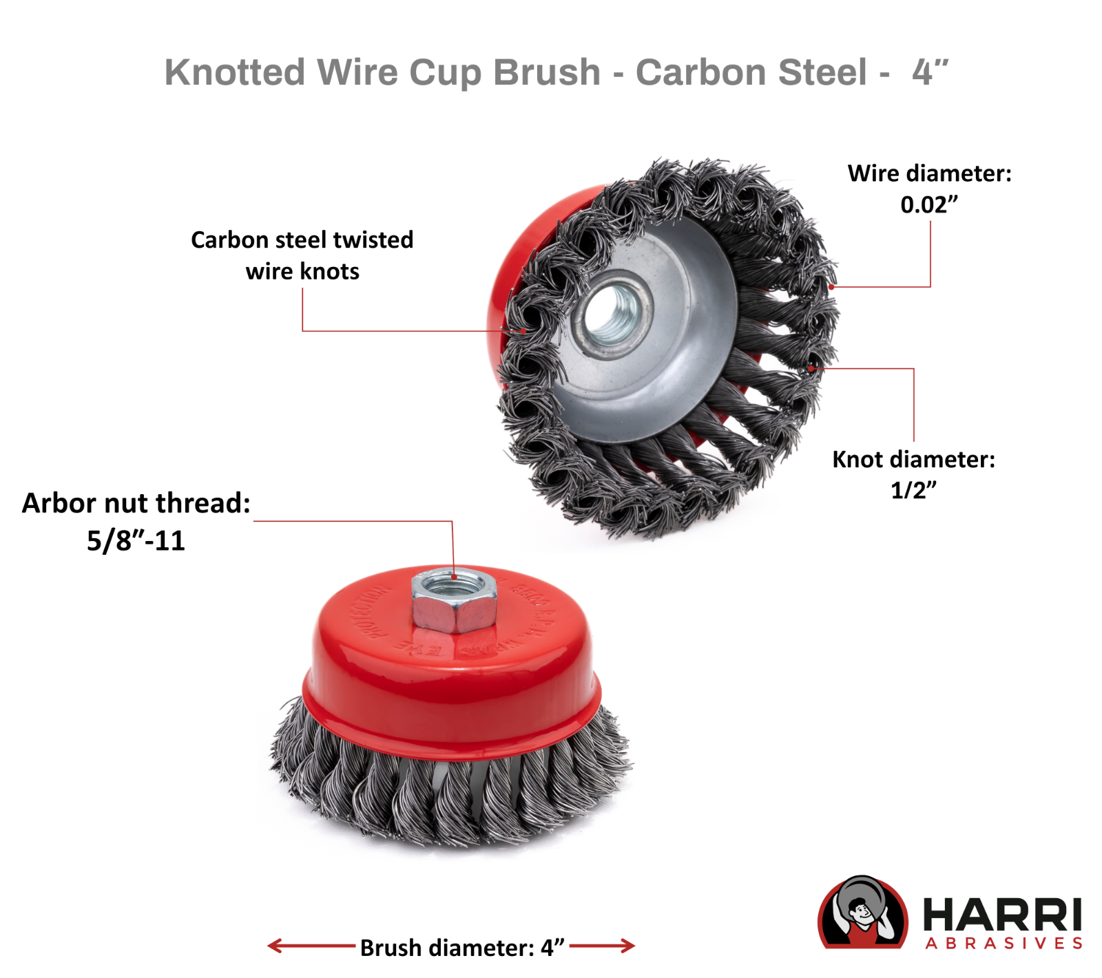 Harri Abrasives Twist Knotted Cup Brush - Carbon Steel - Nut Thread: 5/8"-11 UNC