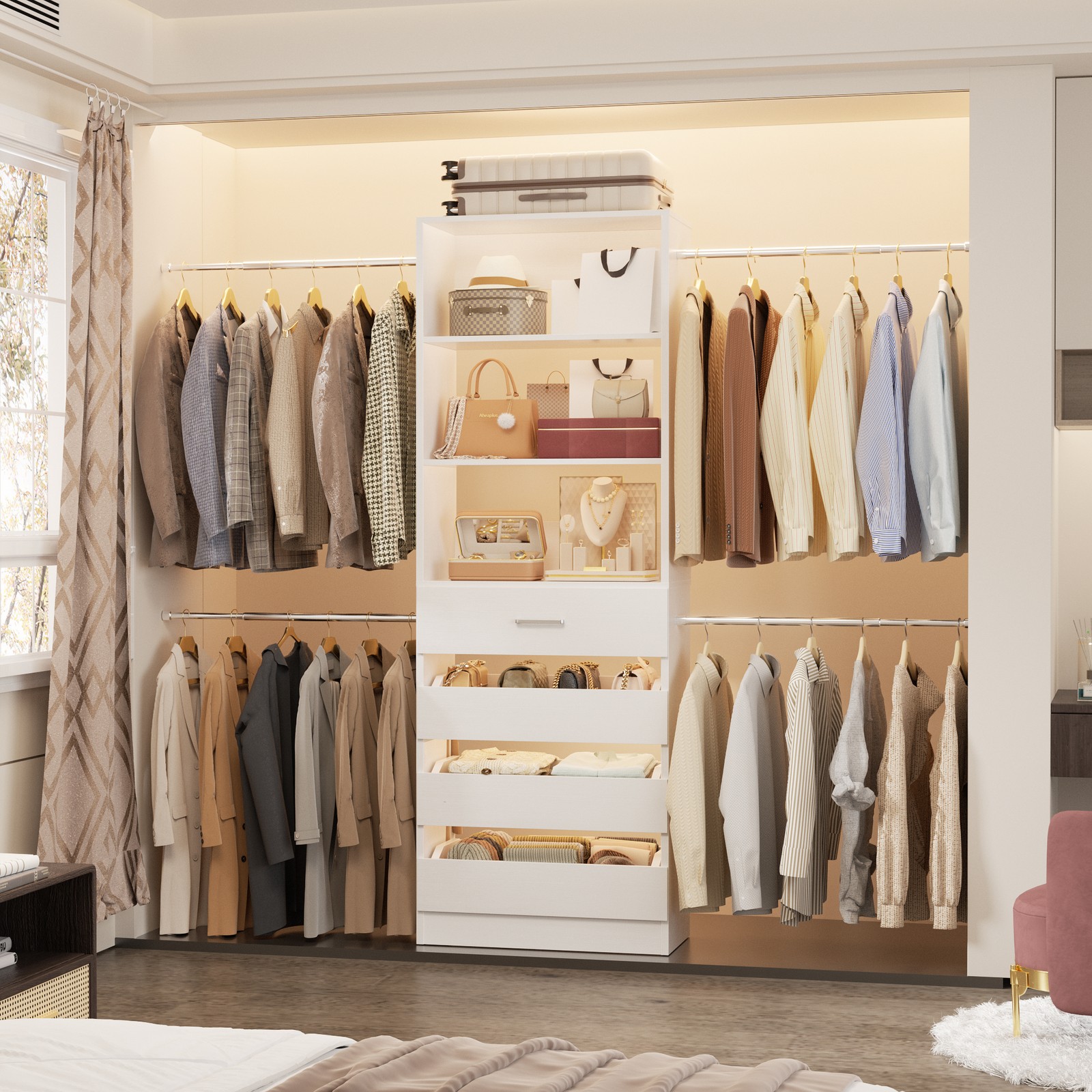 4-9Ft Closet Organizer with 4 Drawers and Hanging Rods, Walk-in Closet System