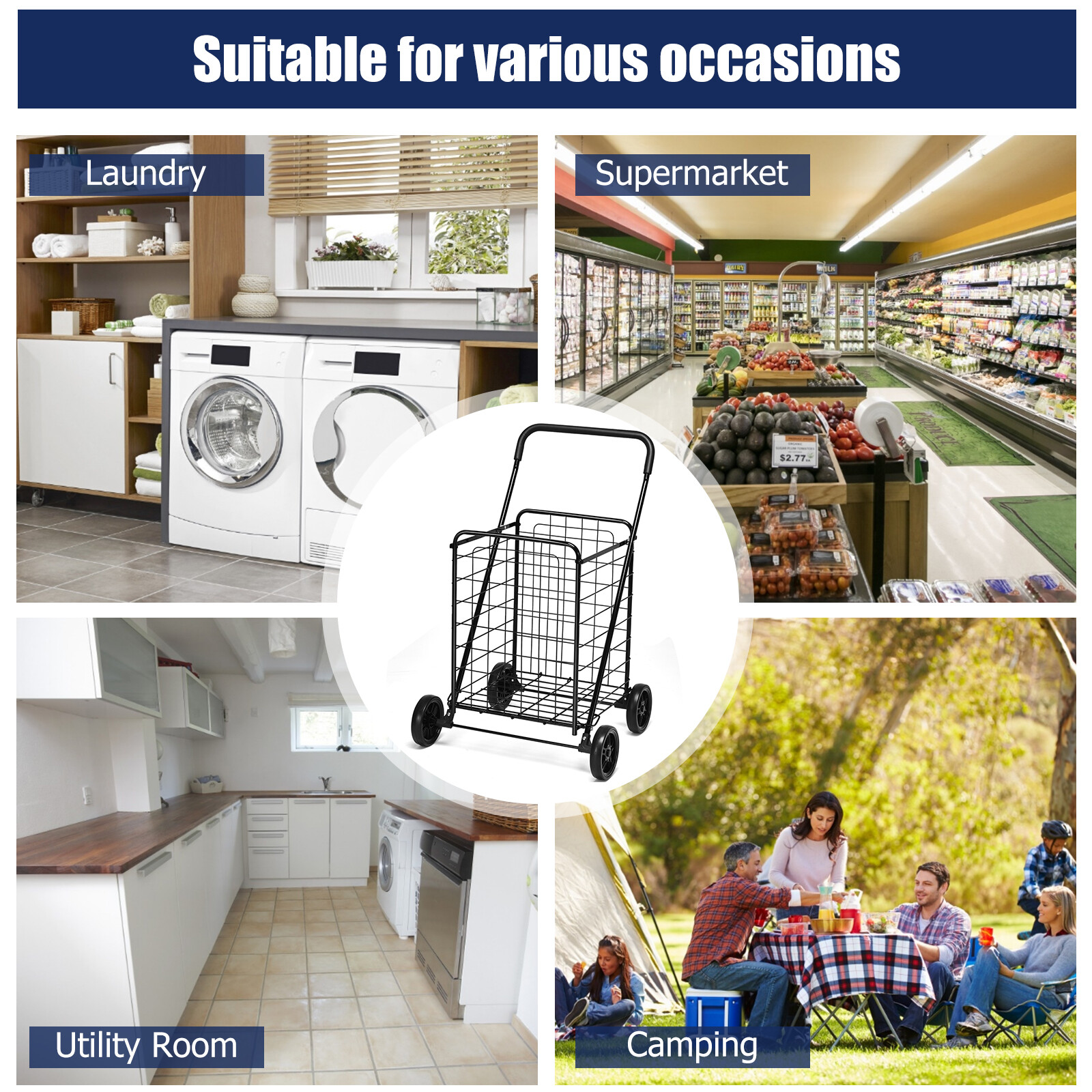 Ironmax Folding Shopping Cart Utility Trolley Portable For Grocery Travel Black