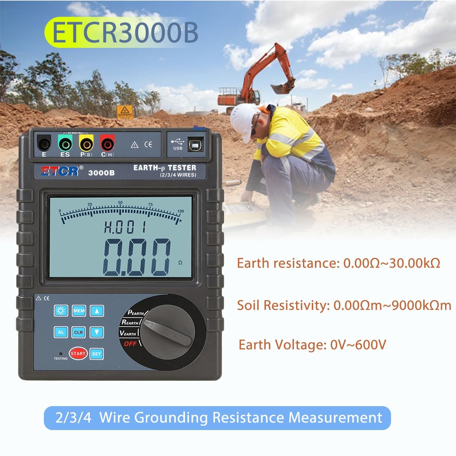 ETCR3000B Soil Resistivity Tester Ground Resistance Meter Earth Resistance Te...