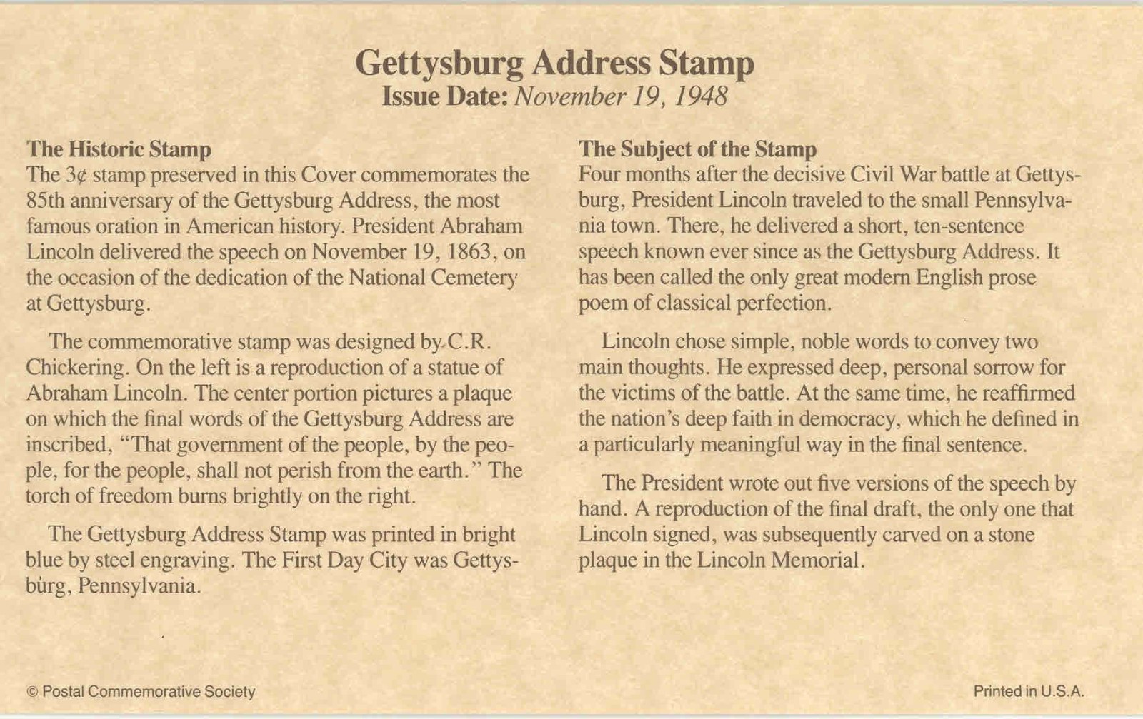 Historic Stamps of America: Gettysburg Address #978 - free shipping