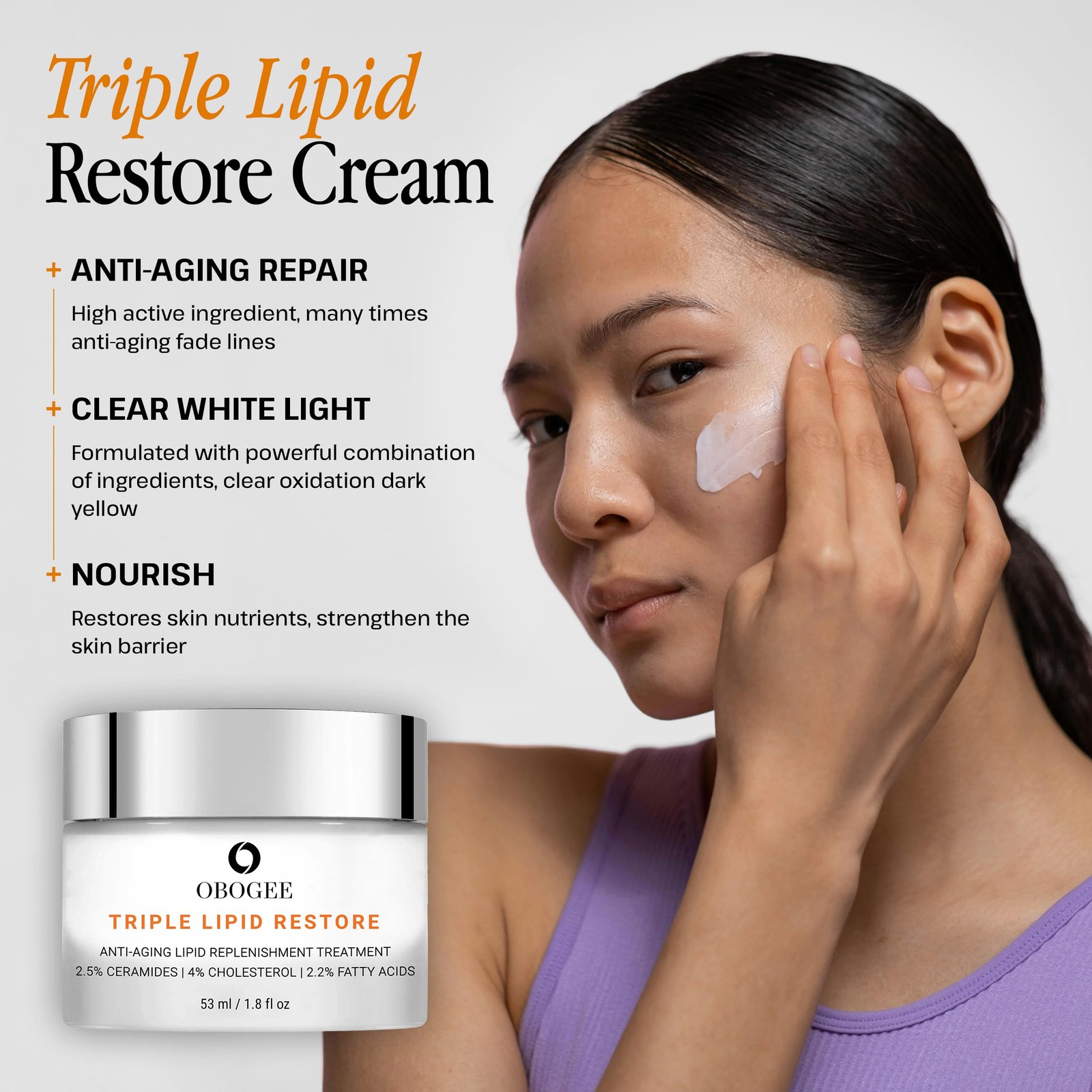 OBOGEE Triple Lipid-Peptide Cream Ceramides Hyaluronic Acid Anti-Aging Face Mois