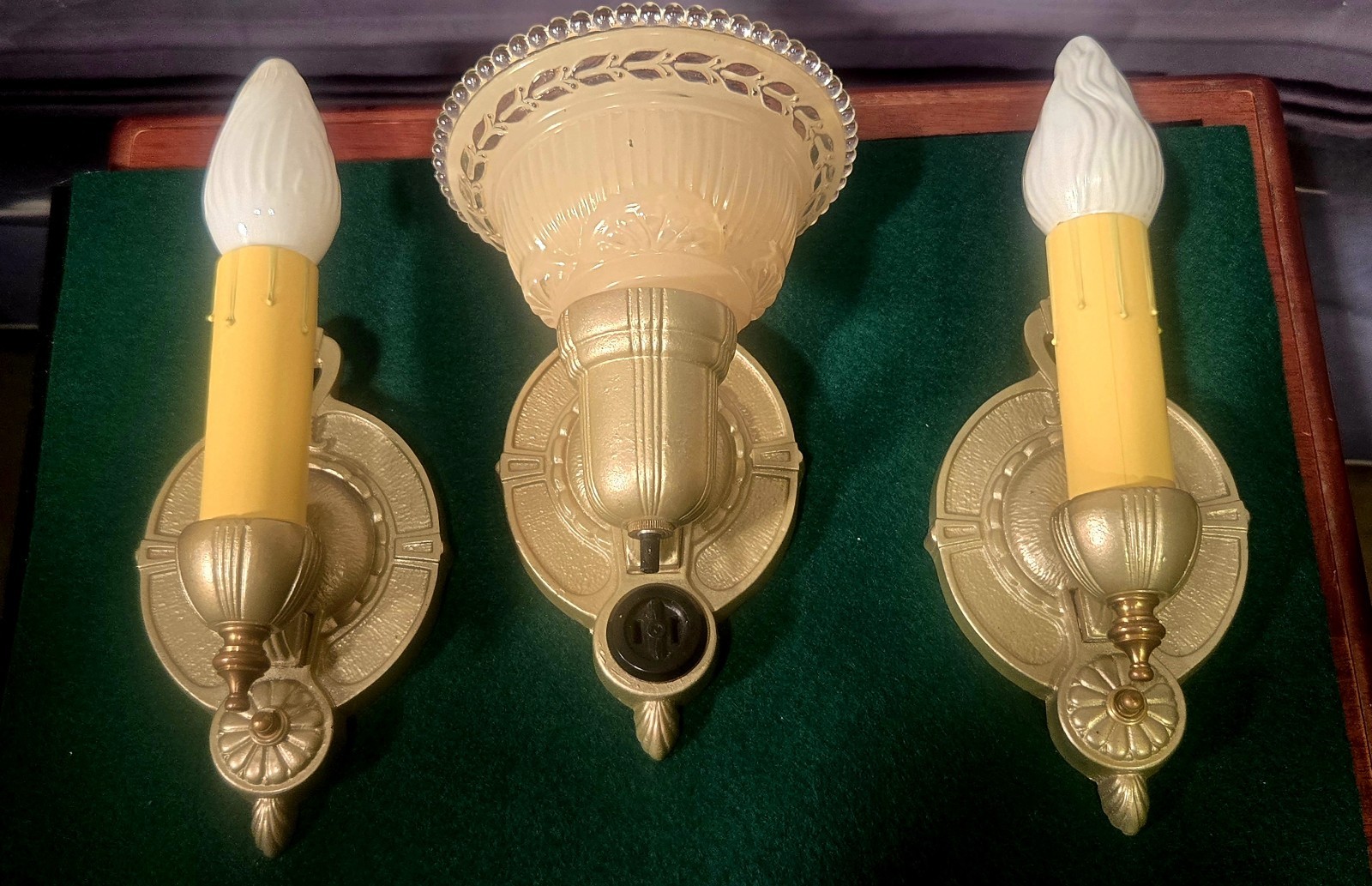 Trio Antique 1930's Markel Slip Shade Candle Wall Sconces Restored Cast Iron