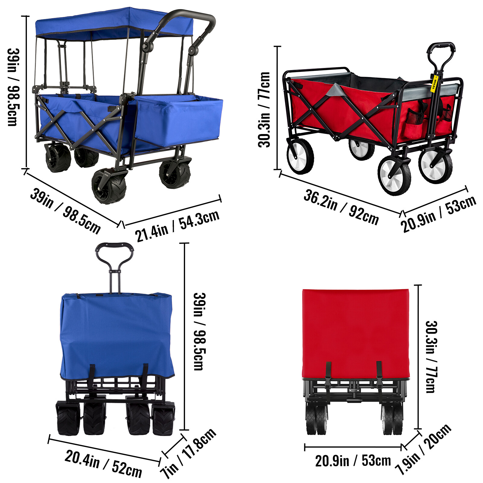 VEVOR Folding Wagon Cart Collapsible Folding Garden Cart w/ Shade Beach Utility