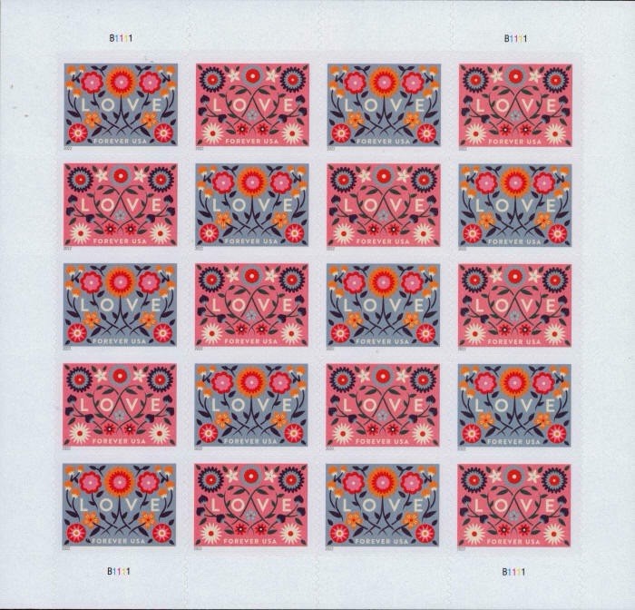 2022 USPS SHEET OF 20 FIRST CLASS LETTER STAMPS LOVE 78¢