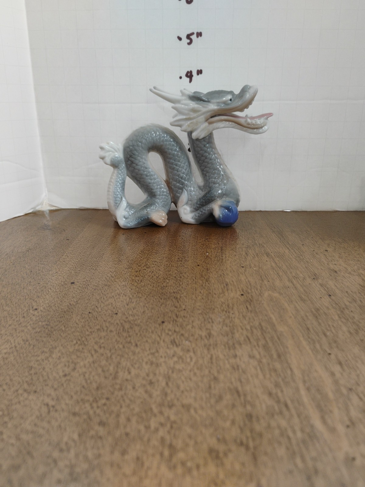 Vintage Yoshimi K Porcelain Foo Dragon Figurine Gray White Sphere Japan