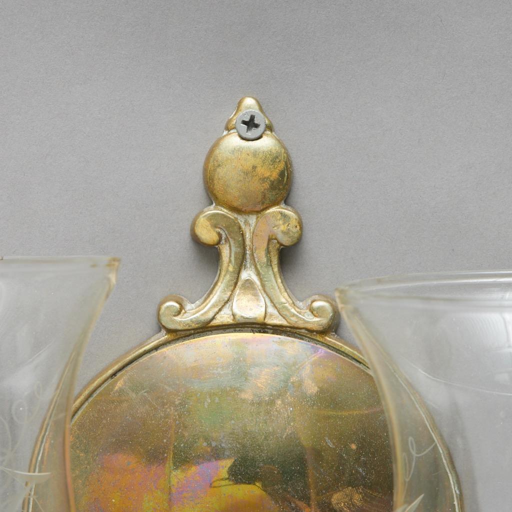 Pair Patinated Brass Etched Grape Glass Hurricane Two Armed Sconces 12.25"h