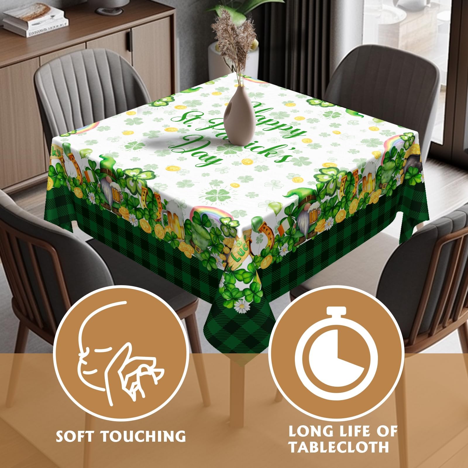 Happy St. Patricks Day Tablecloth 52x52 Inch Square Green Shamrock Gnome Tabl...
