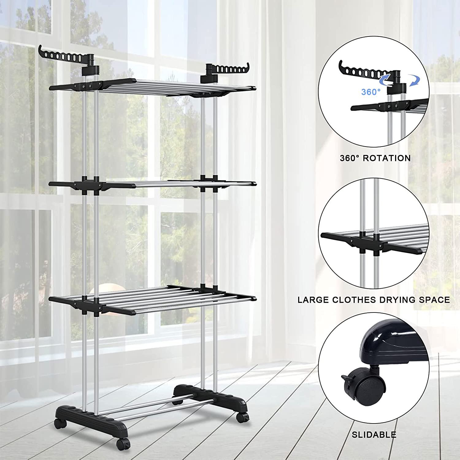 67" Heavy Duty Laundry Clothes Drying Rack Portable Folding Rolling Dryer Hanger