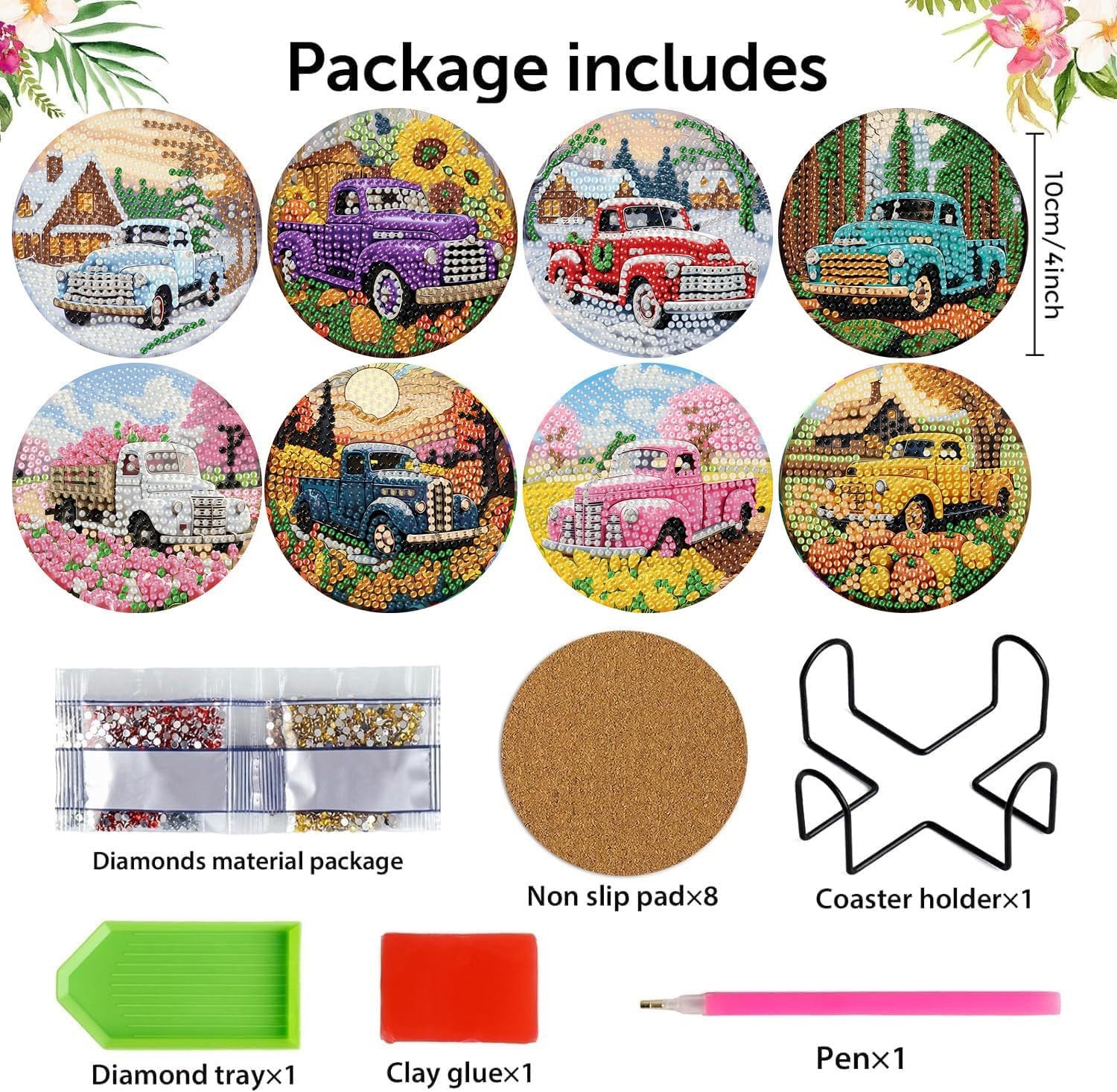 8 Pcs Diamond Art Coasters Kits - All Season 8 4x4in, Truck