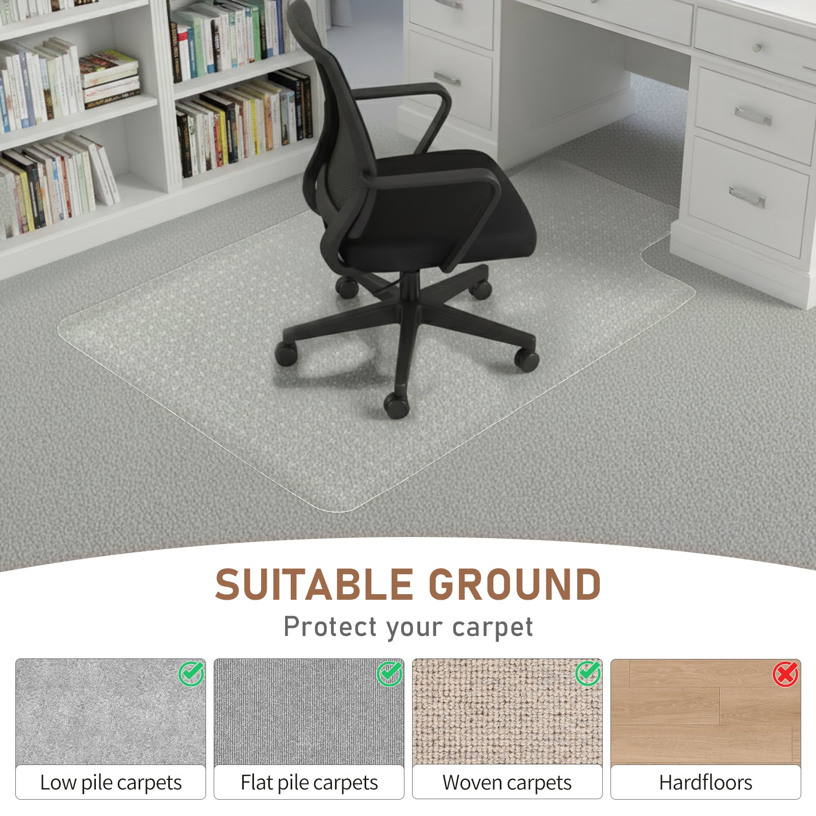 Office Chair Mat with Non-Slip Back - 48x30 Inch PVC Carpet Guard with Nail