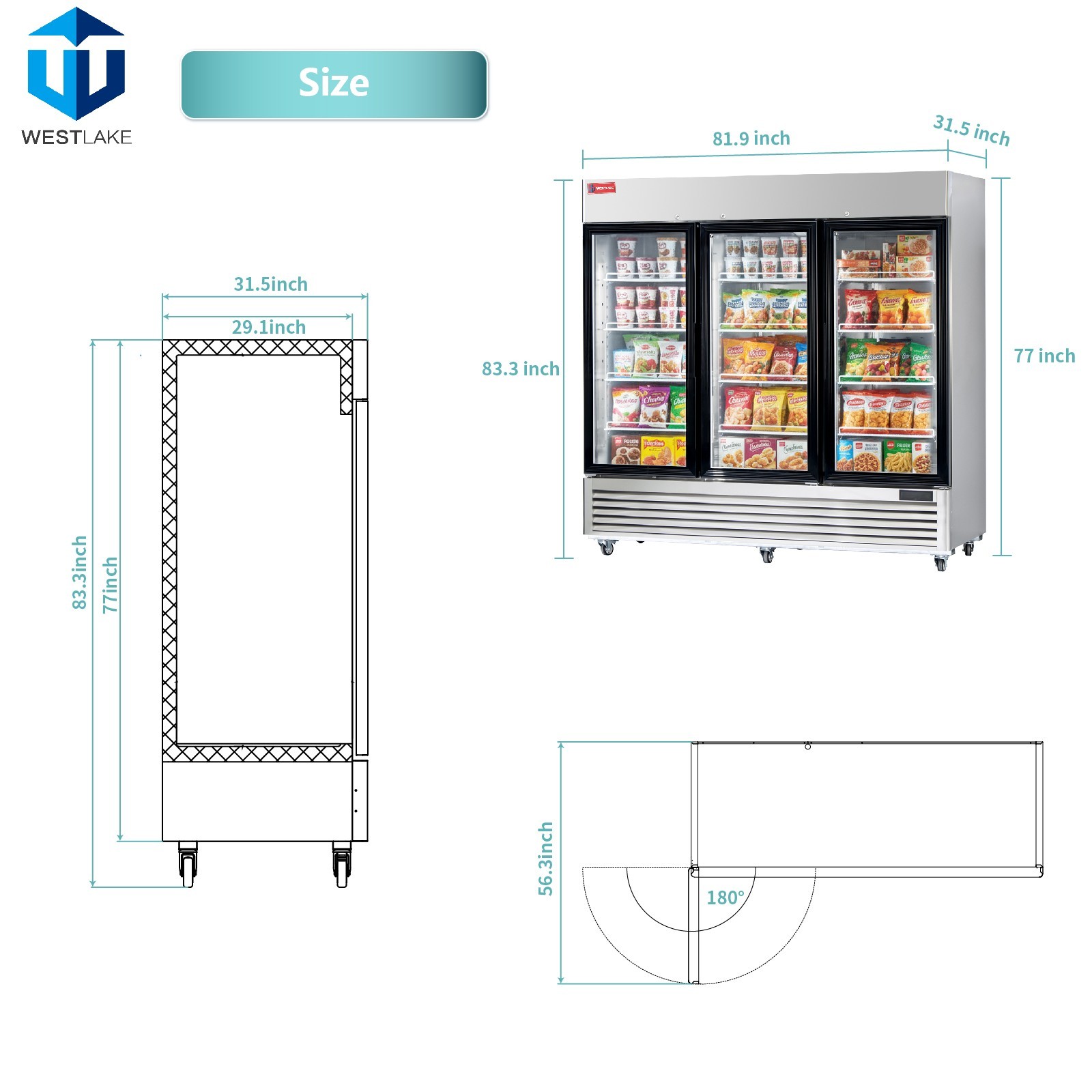82" Commercial Display Freezer 3 Glass Door Merchandiser Reach-in 72 Cu.ft