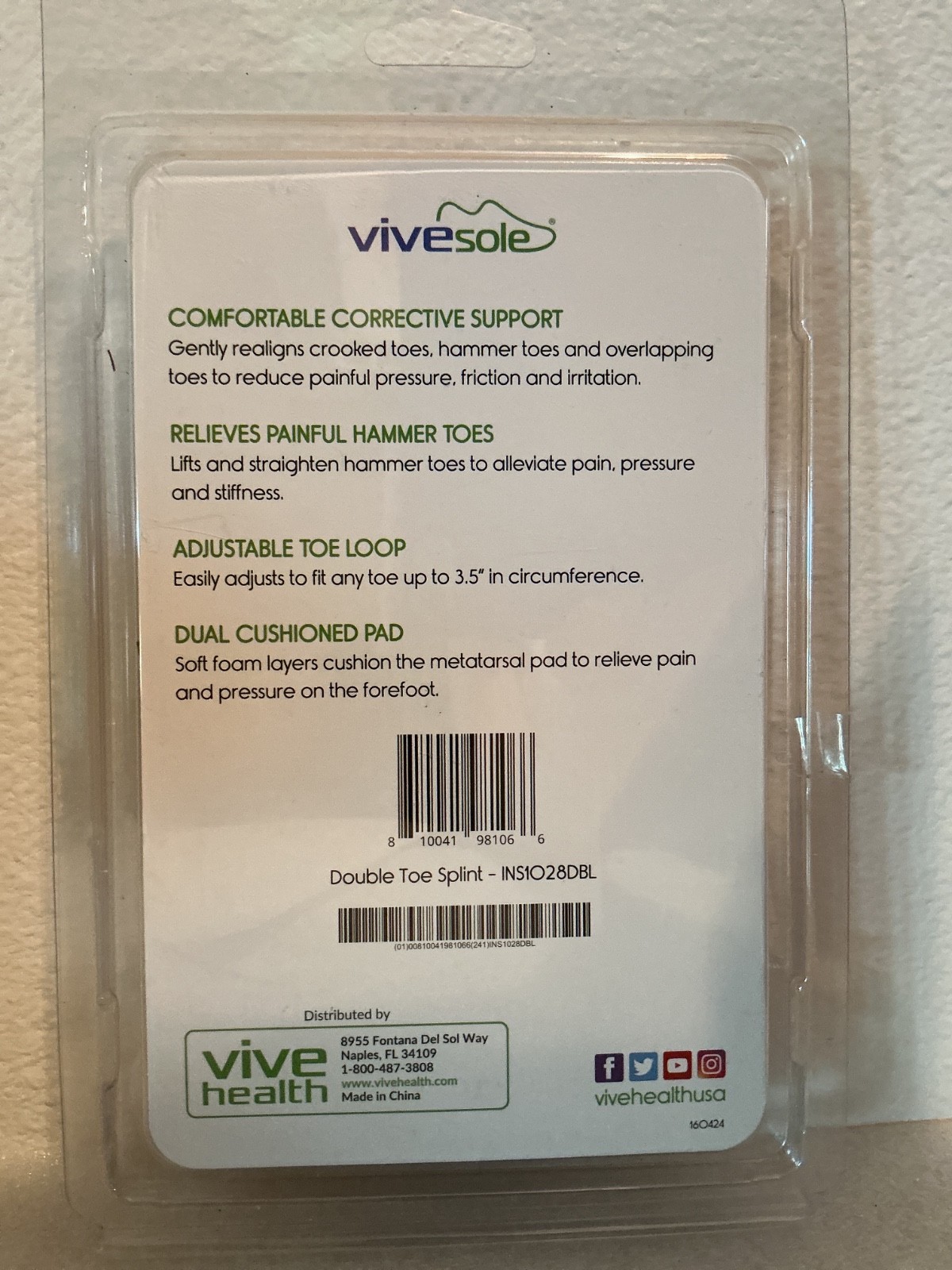 VIVESOLE Toe Splint 2-Pack ~ Fits toes 1" -3.5" in circumference ~ NIP