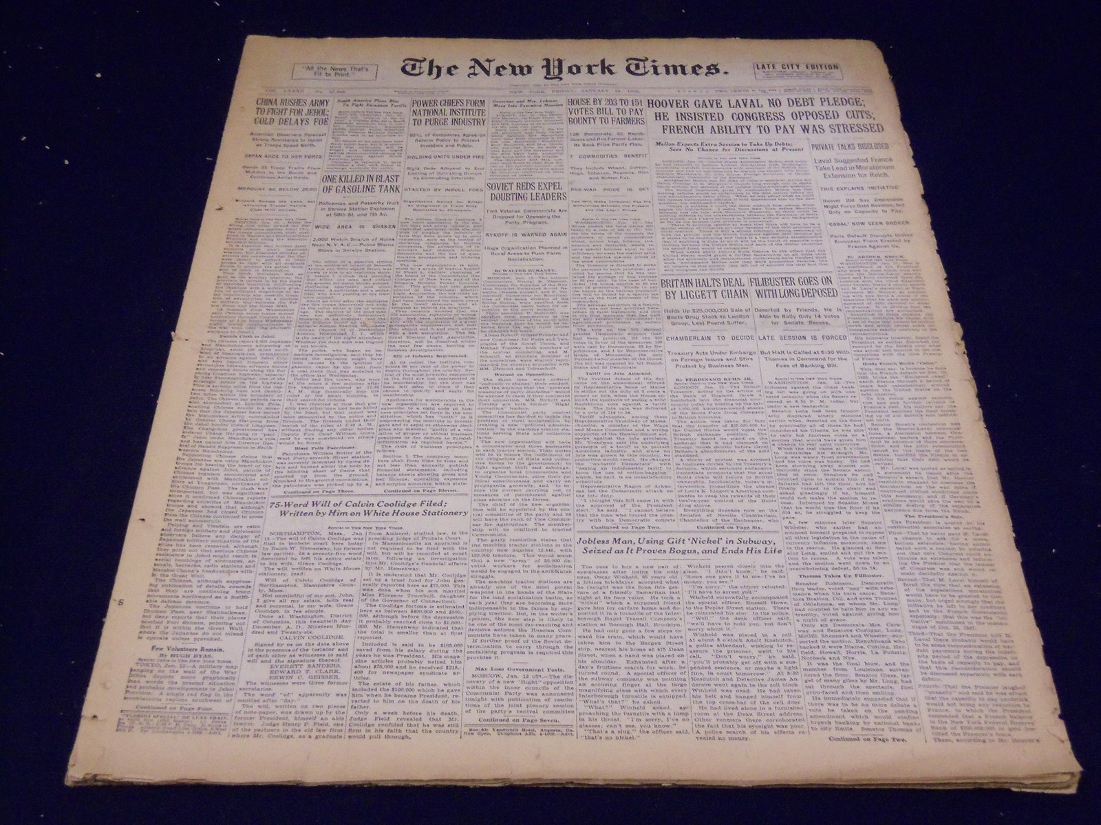 1933 JANUARY 13 NEW YORK TIMES - CALVIN COOLIDGE WILL FILED - NT 4182