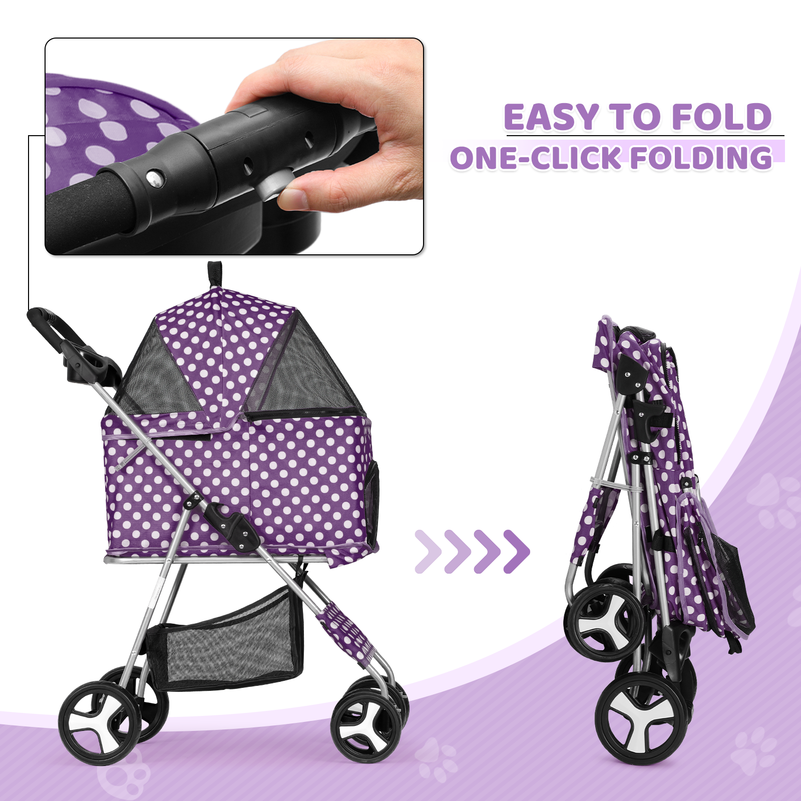Pet Stroller 4 Wheels,3-in-1 Foldable Dog Stroller w/Storage Basket&Cup Holder