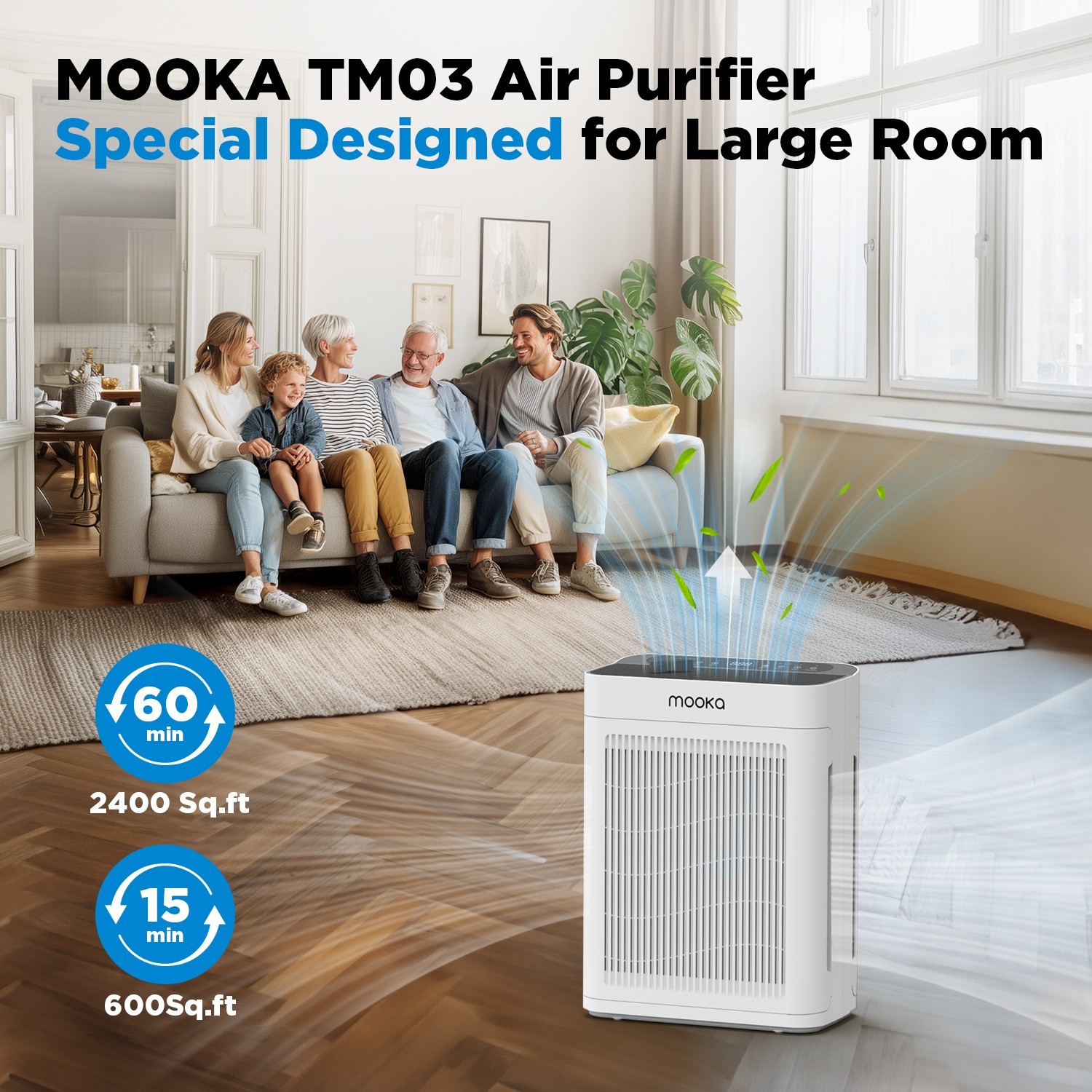 MOOKA Air Purifiers for Home Large Room 2200Sq.Ft w/ Washable Filter Dual Intake