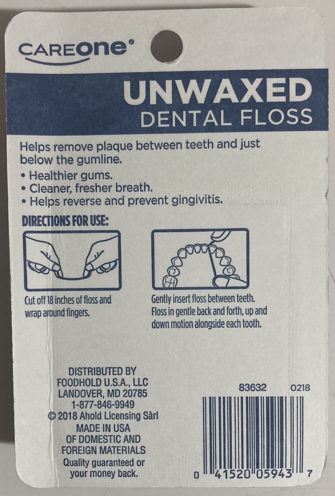 CareOne Unwaxed Dental Floss Unflavored 55yd Each Lot of 4