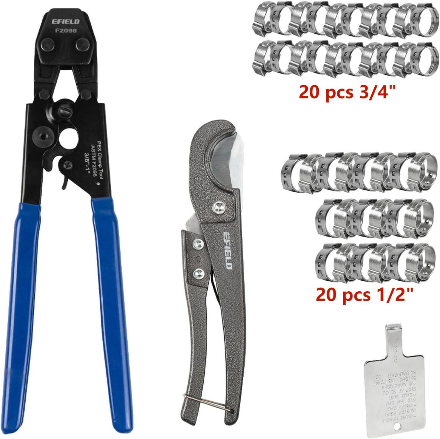 EFIELD Pex Cinch Clamp Crimping Tool & Cutter With 20 1/2"and20 3/4" Clamp Rings