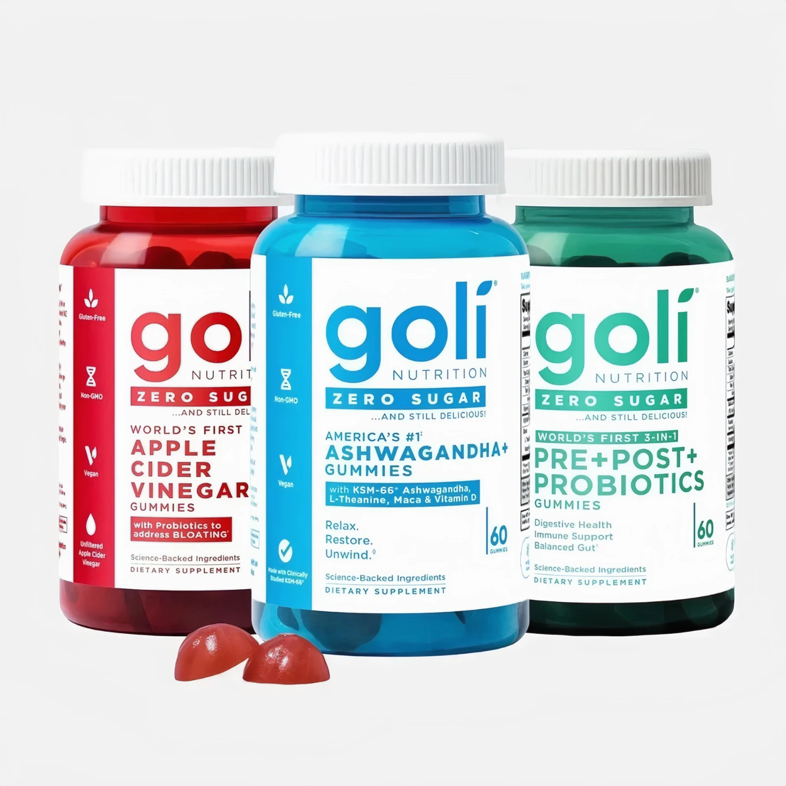 3 Bottles Goli Zero Sugar Best Seller Trio Set Gummies, 60 Counts Per Bottle