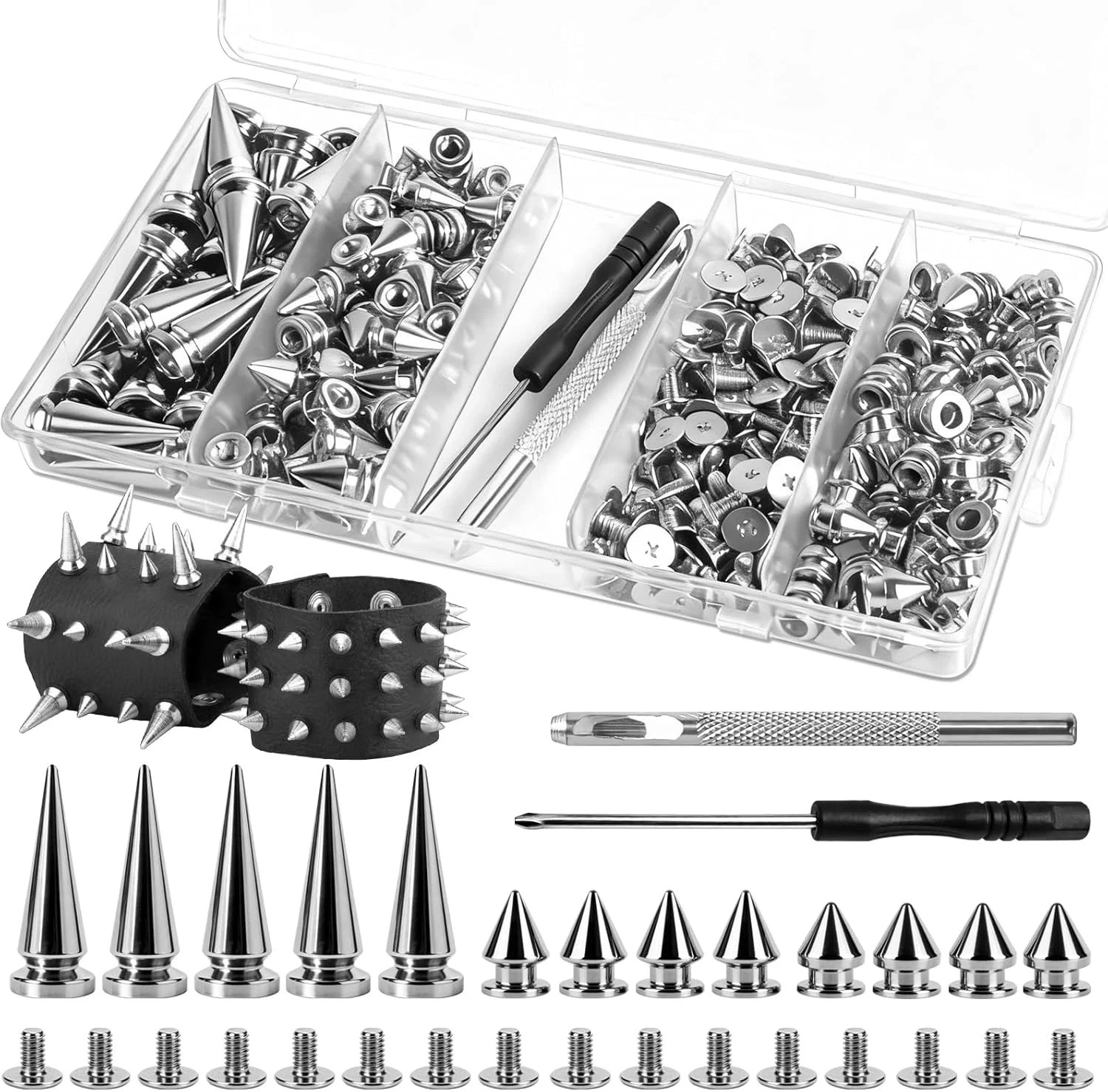 240 Pieces Multiple Sizes Silver Studs for Clothing, 3 Sizes Metal Studs and Spi