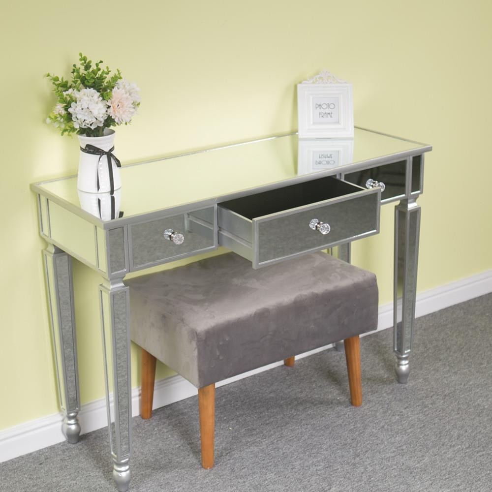 Mirrored 3 Drawer Console Table Glass Finish Silver Home Vanity Dresser Desk