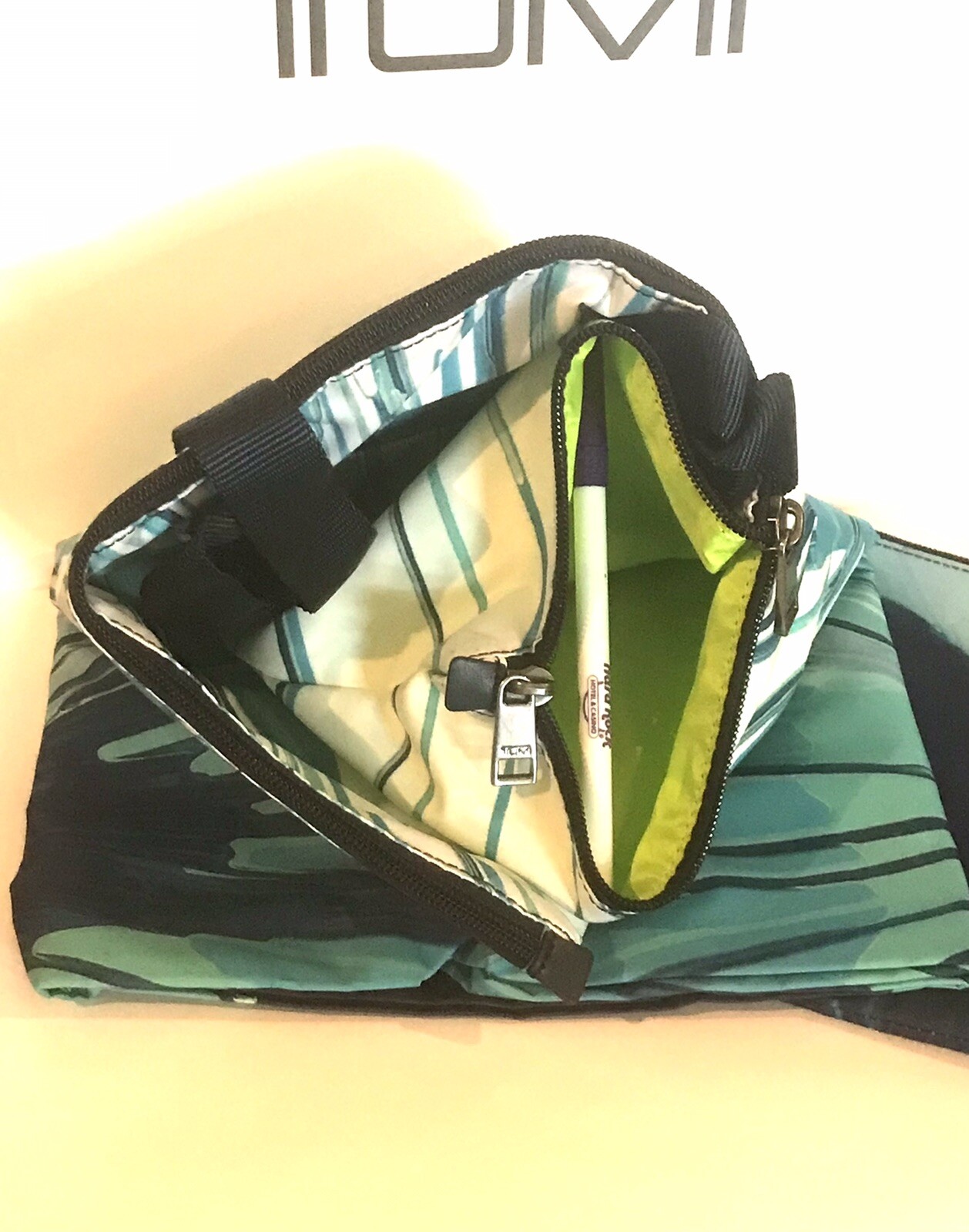 TUMI Just In Case Tote St Jude Hospital Paint Splatter Blue Lime Pouch NWOT