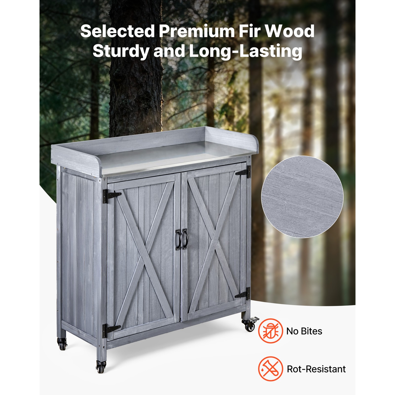 Uimoso Outdoor Wooden Potting Bench with Iron Work Surface and Storage Cabinet