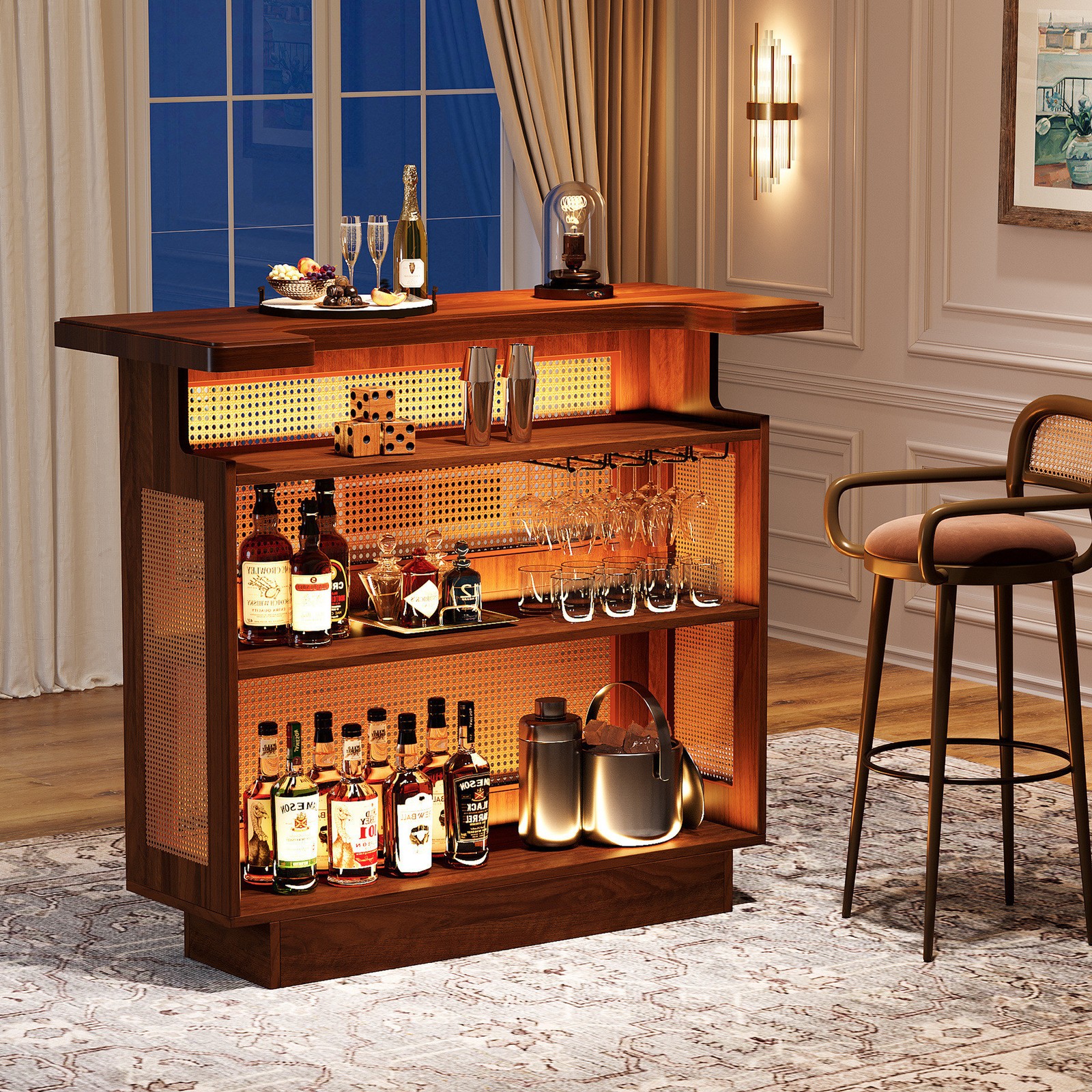Home Bar Unit, 4-Tier Liquor Bar Table Mini Bar with Wine Racks and Glass Holder