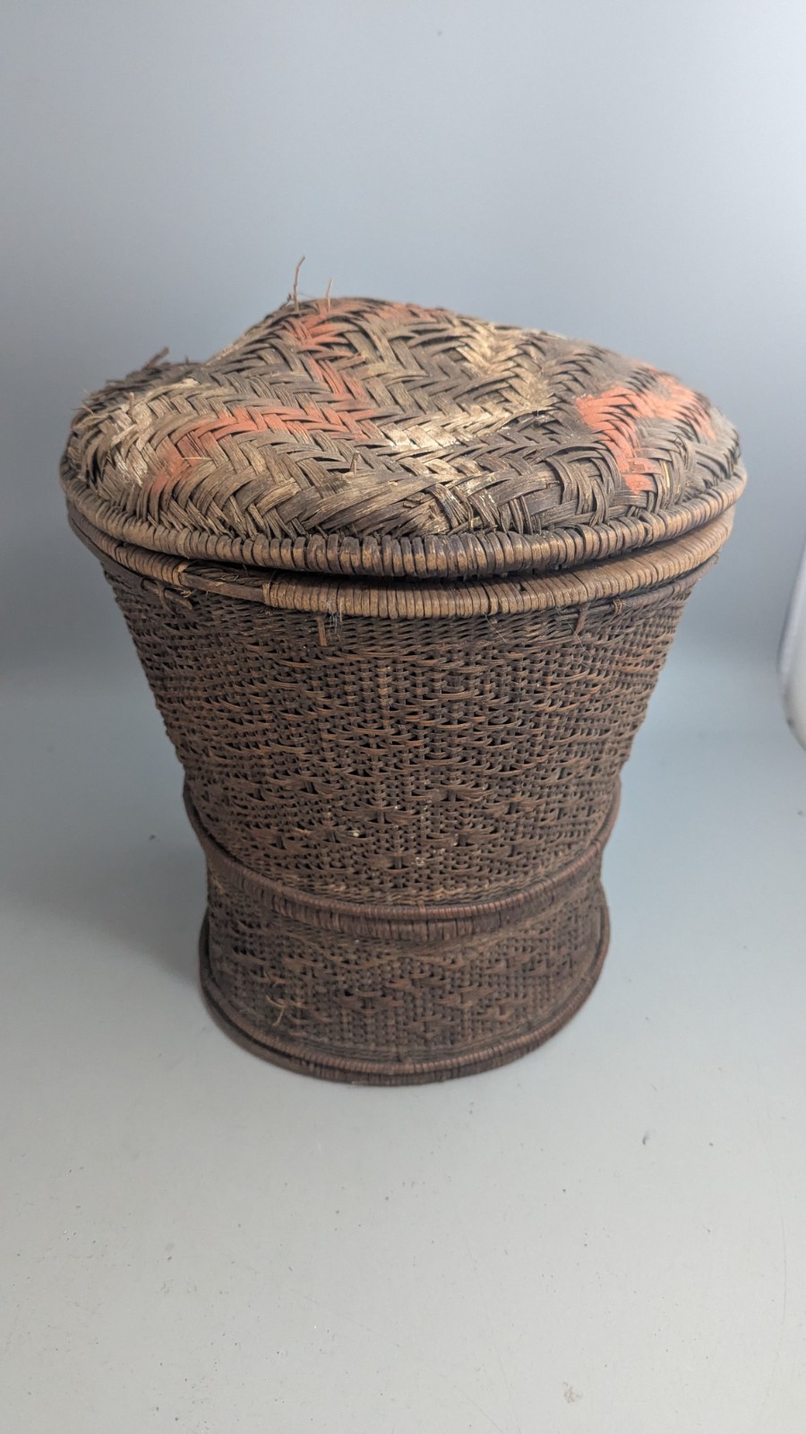 Older Dayak Borneo Rattan Lidded Basket Pedestal Rice Storage Indonesian