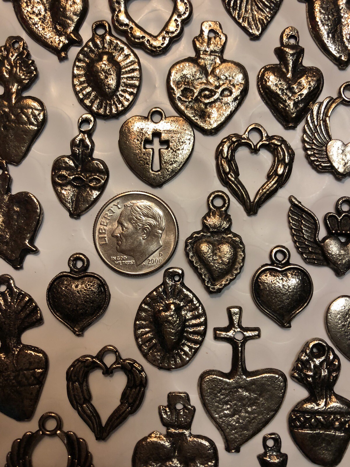 25 Milagro HEART Charms Mix Mexican Folk Art Dark Antique SILVER All HEARTS