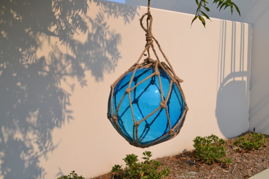 REPRODUCTION SKY BLUE GLASS FLOAT BALL WITH FISHING NET 12"