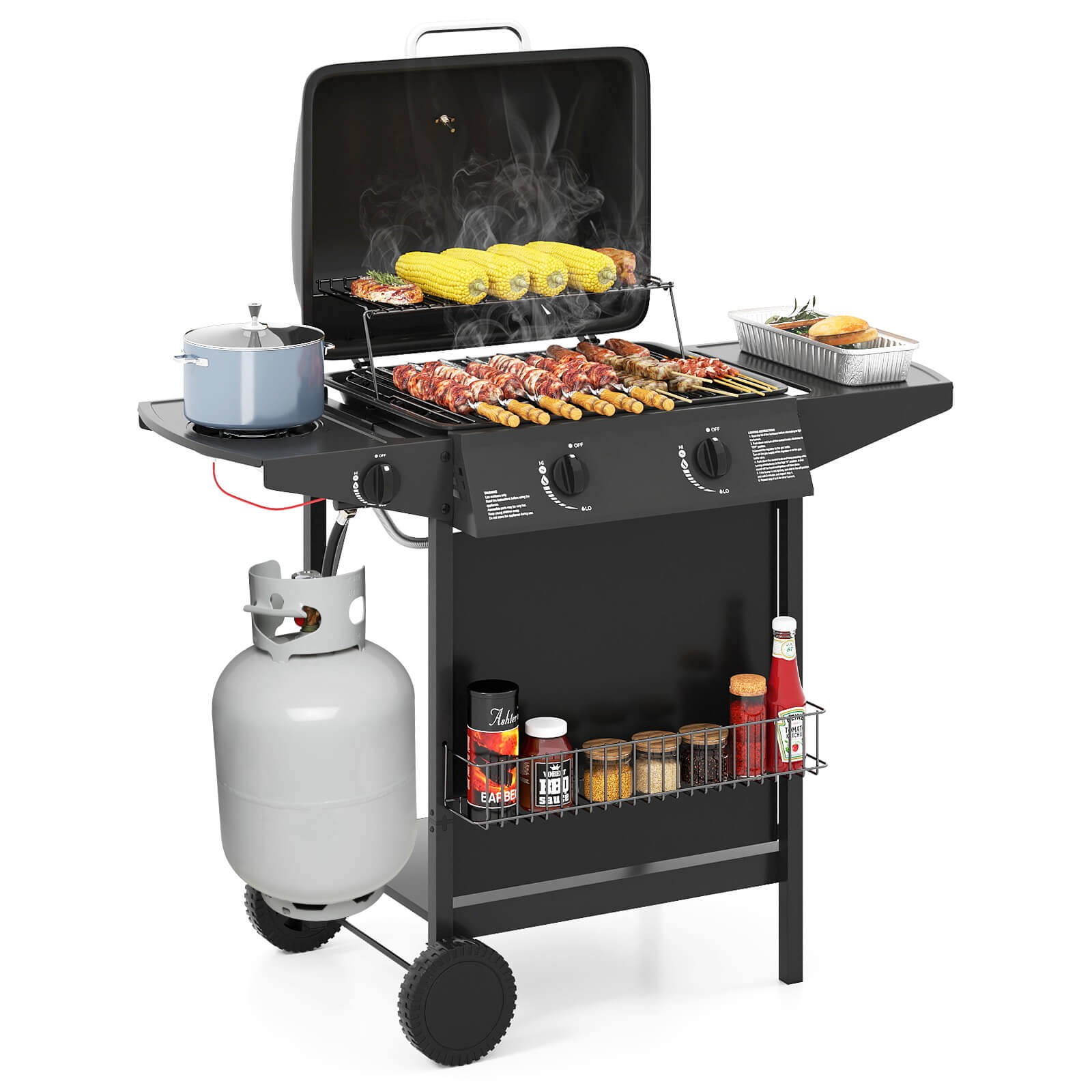 30,000 BTU Outdoor Cooking Grill w/Storage Shelves & Porcelain-Enameled Grates