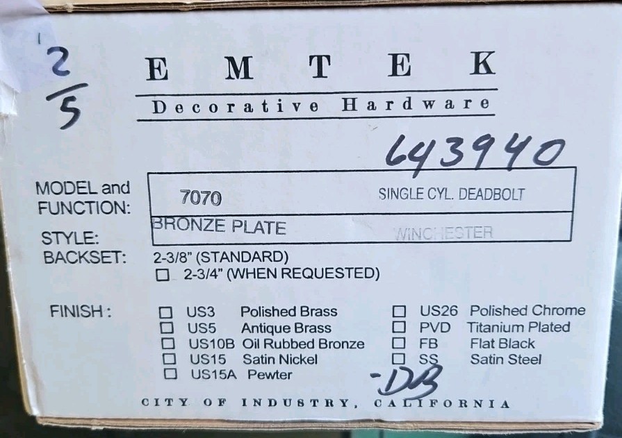 Emtek 7070 Tumbled Bronze Deadbolt Keyed Single Cylinder Aged Winchester