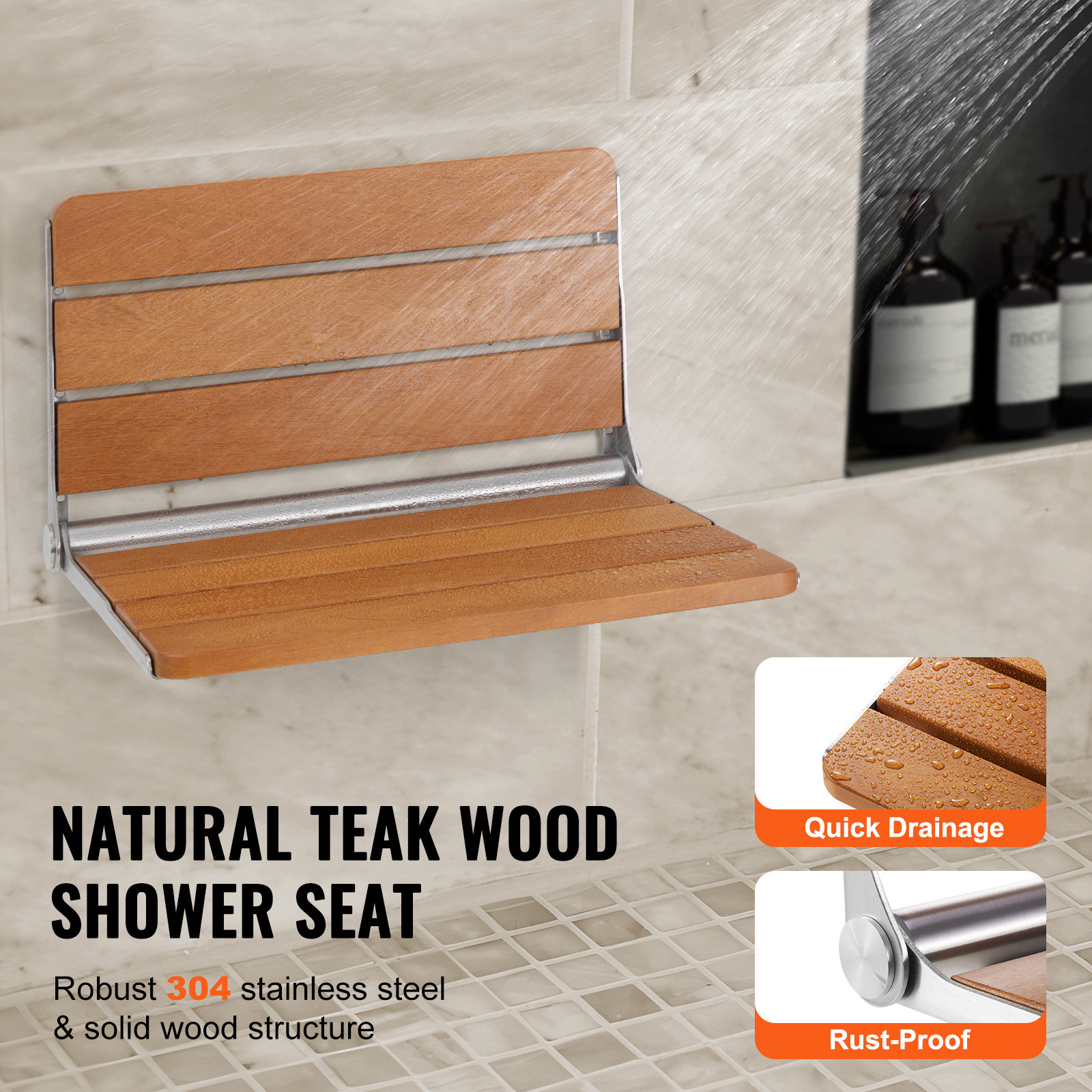 Folding Teak Shower Seat 20.9'' x 16'' Wall Mounted Shower Bench 500 lbs