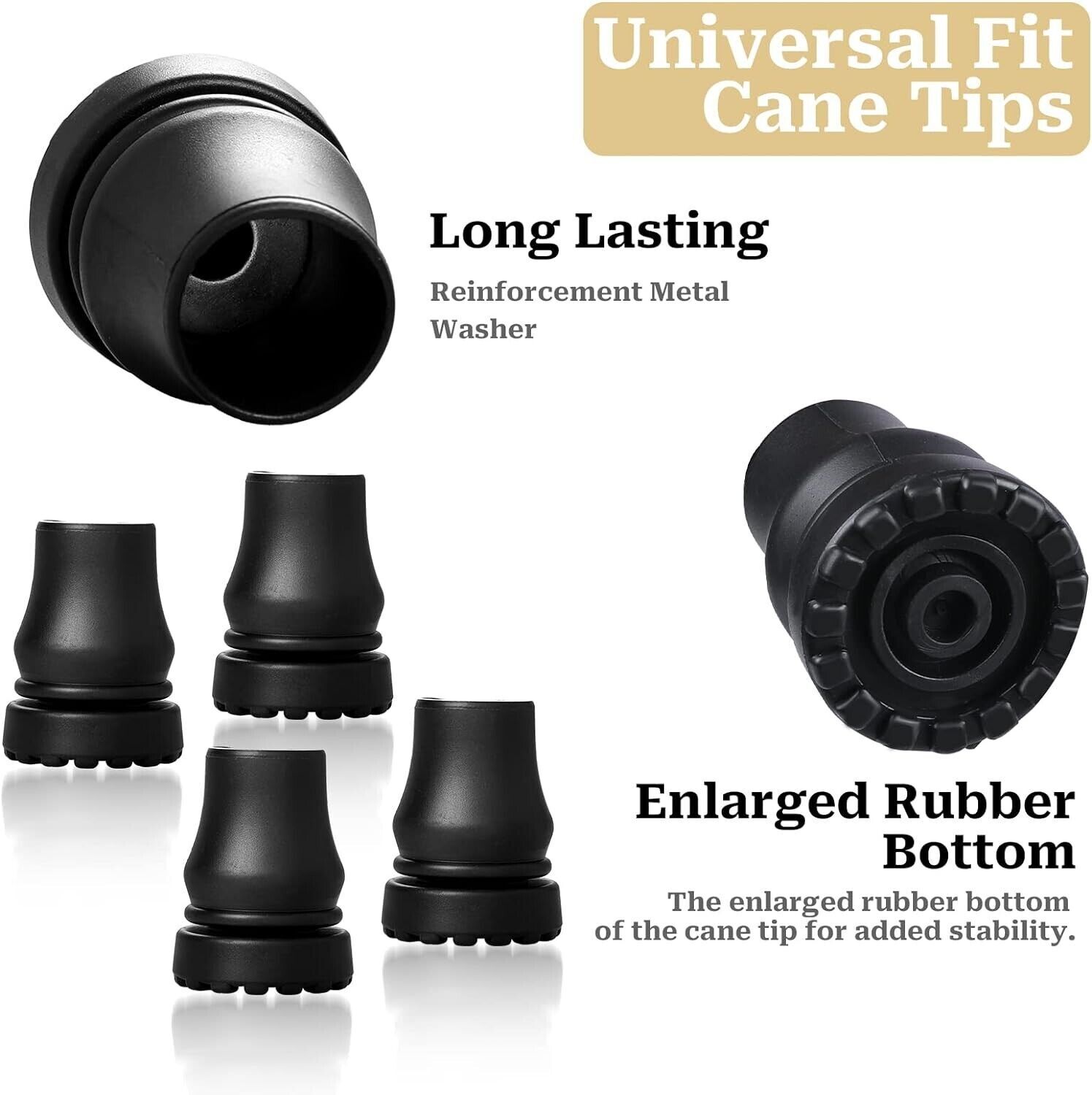 4-Pack Rubber Cane Tips 3/4 Inch Heavy Duty Walking Cane Tips Black Sturdy