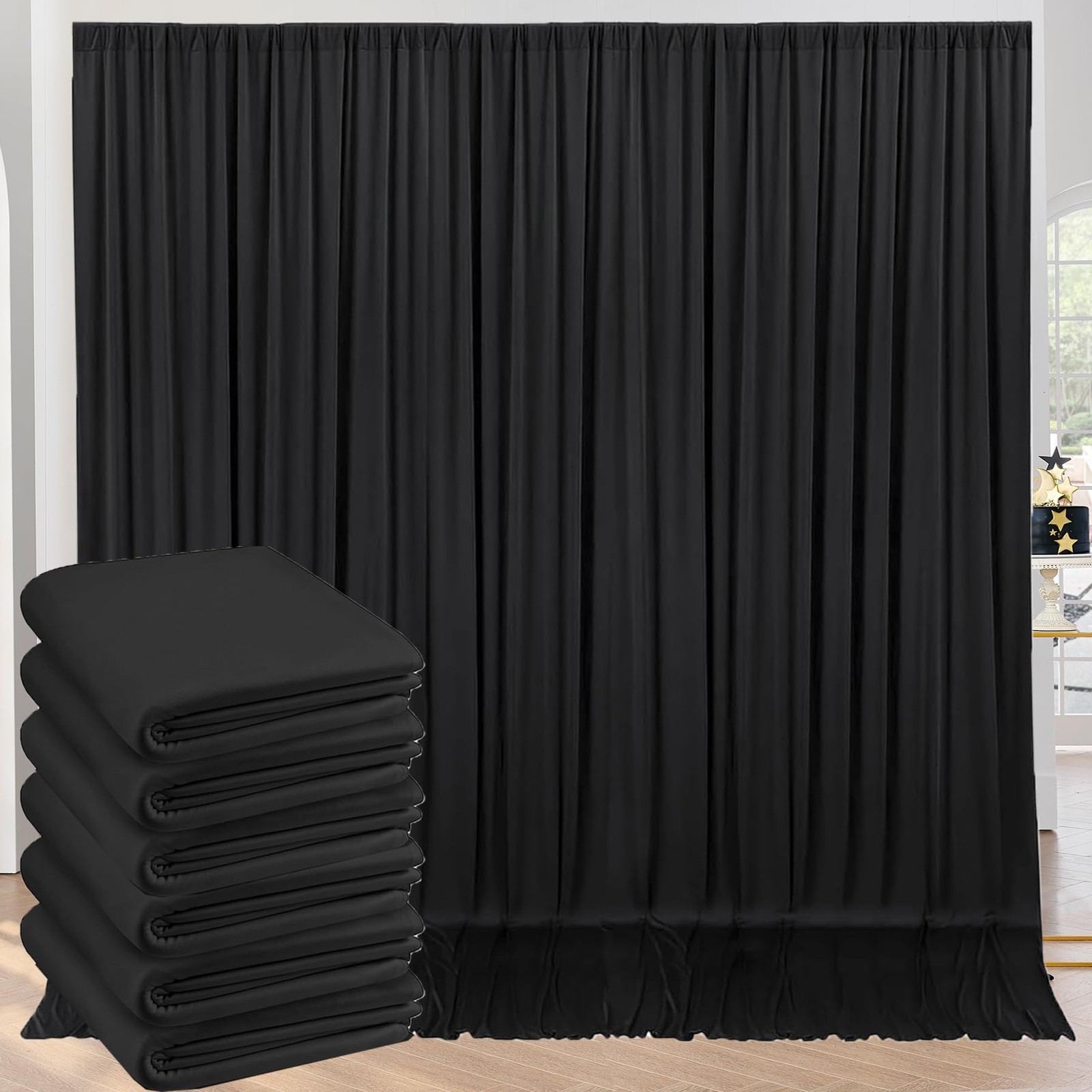 30ft x 10ft Black Backdrop Curtain - 6 Panels Polyester Drapes for Events