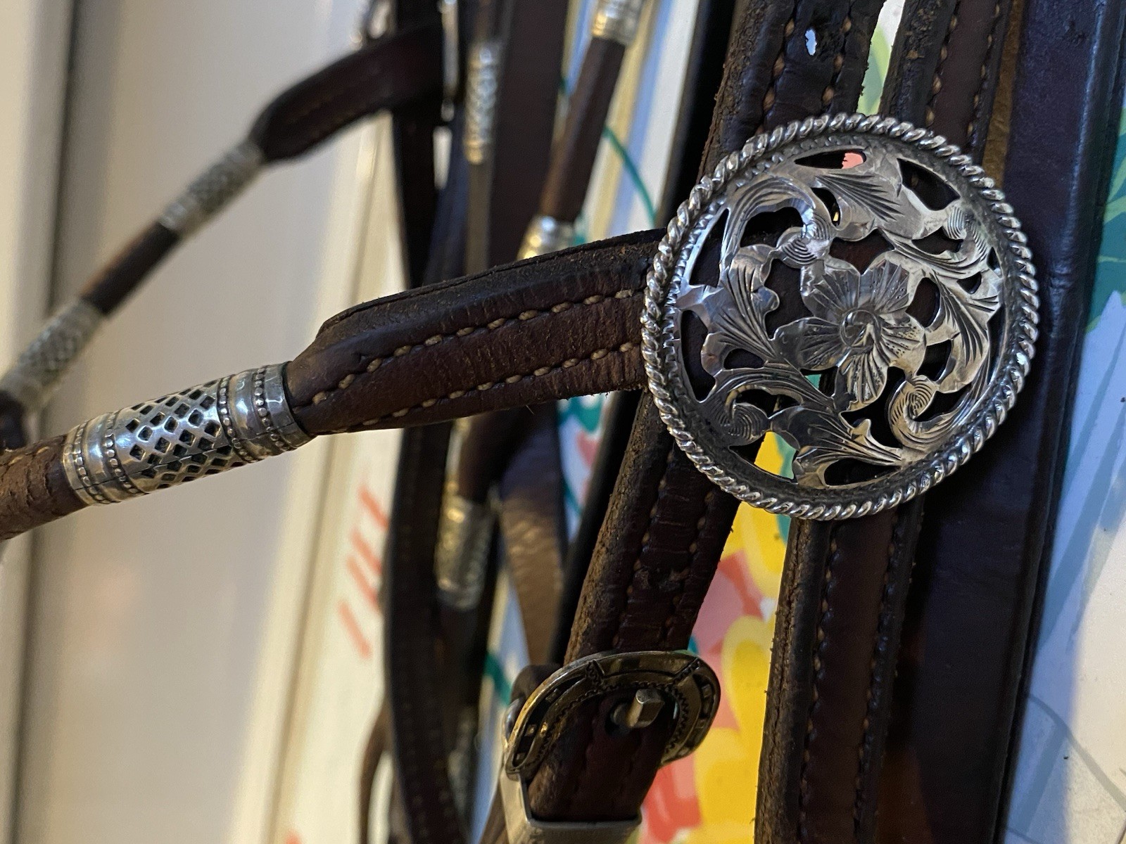 Vntg Poco Western Bridle & Romel Reins Silver Ferrule Fleming Filigree Sterling