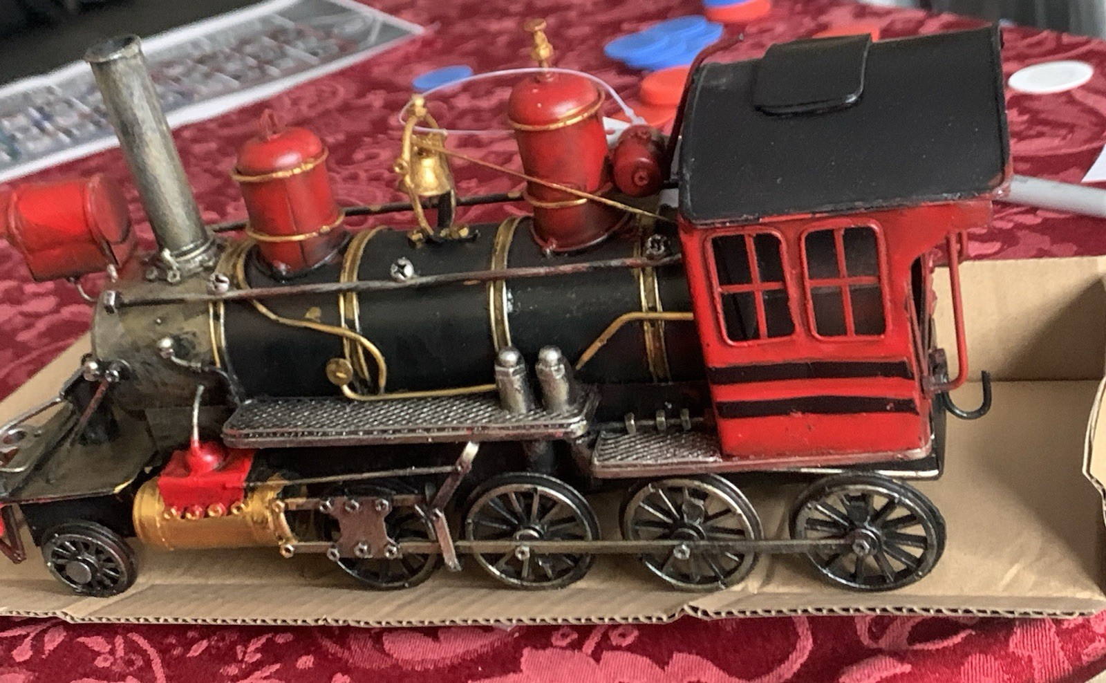 Vtg Decorative Metal Steam Locomotive Model Train Engine Red Black Gold On Base