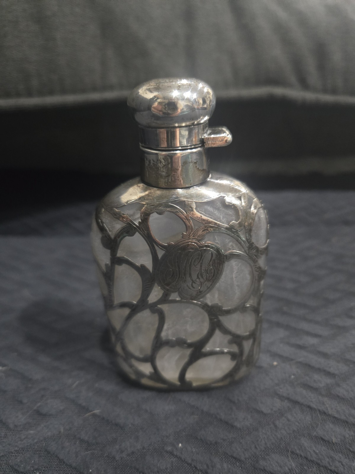 U23143 ANTIQUE Overlay STERLING  Small FLASK With Engraved Initials G2U