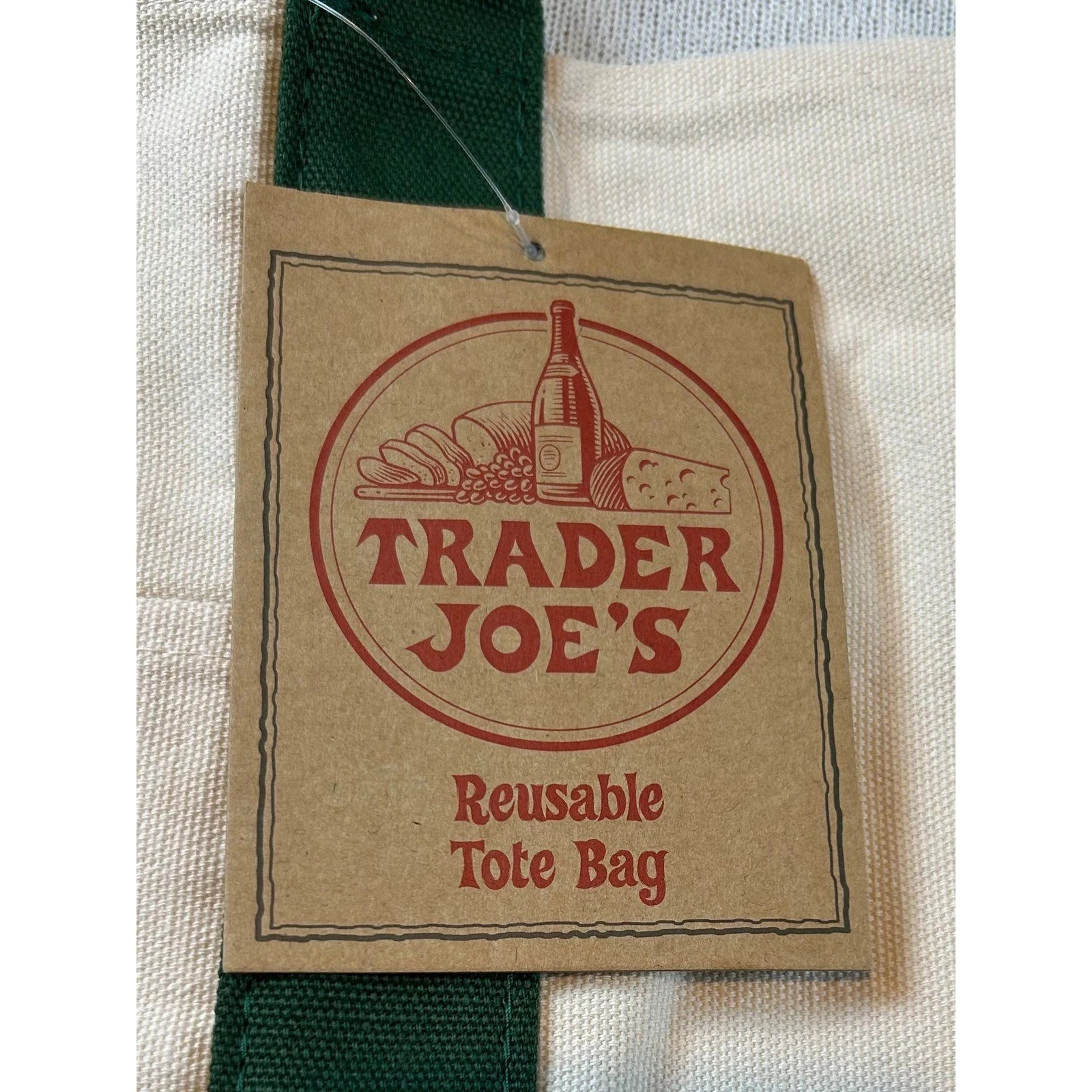 Trader Joe’s 2025 Christmas Green LARGE Canvas Shopping Bag, Off White