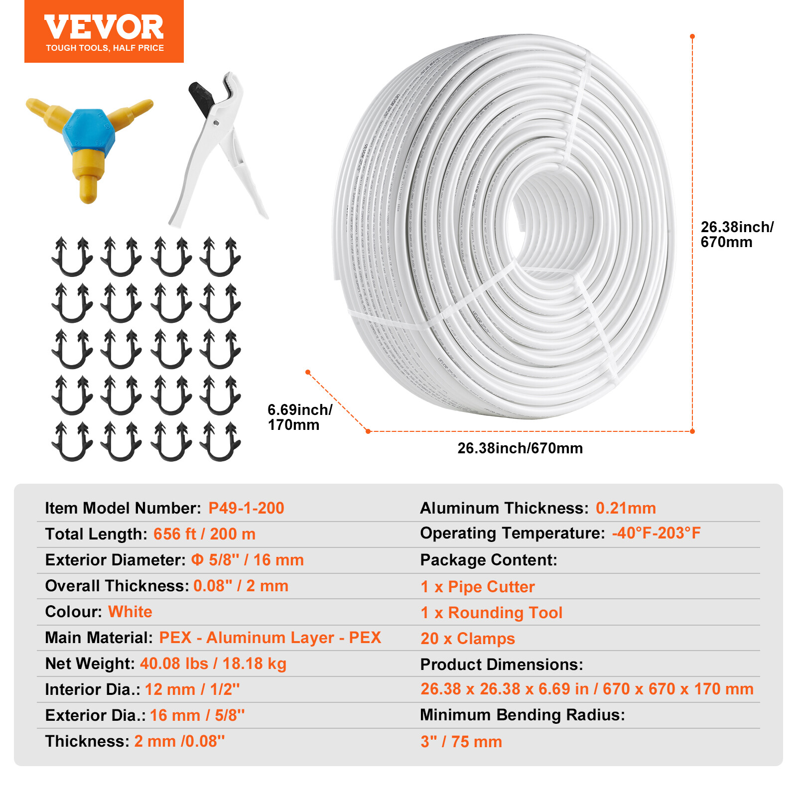 VEVOR 1/2"-656ft PEX-AL-PEX Tubing Oxygen Barrier 200M Pipe for Heating Plumbing