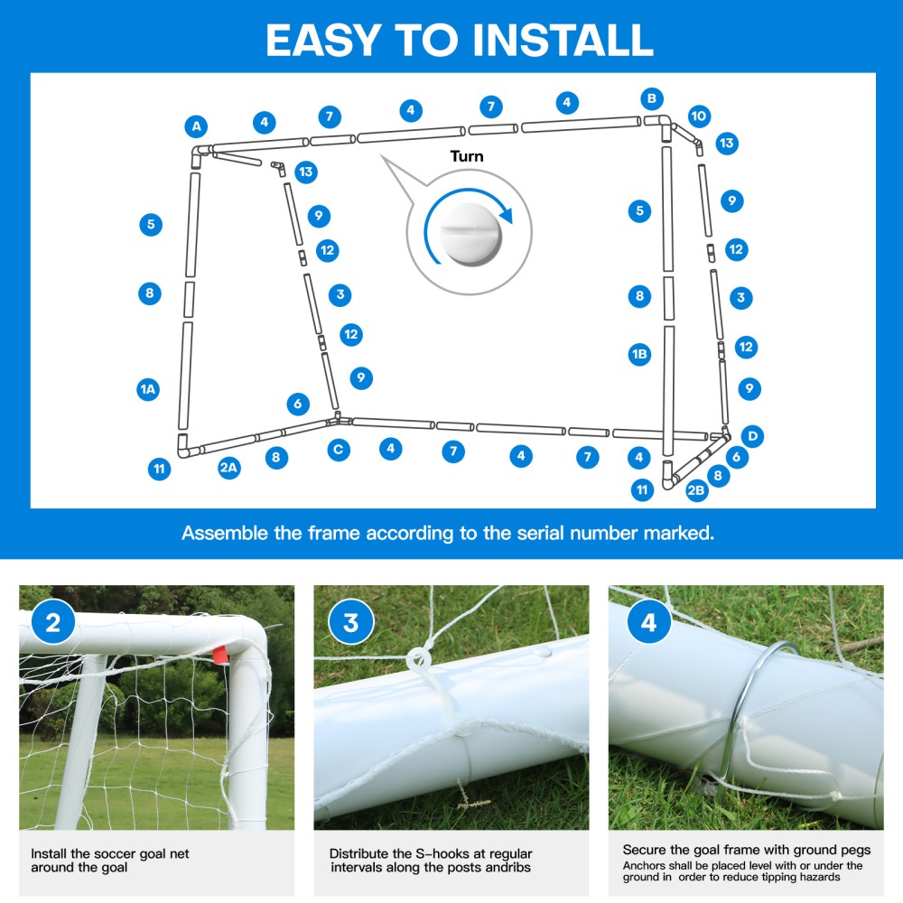 Training Soccer Goal Backyard UPVC Frame Football Goal 6x4ft / 8x5ft / 10x6.5ft