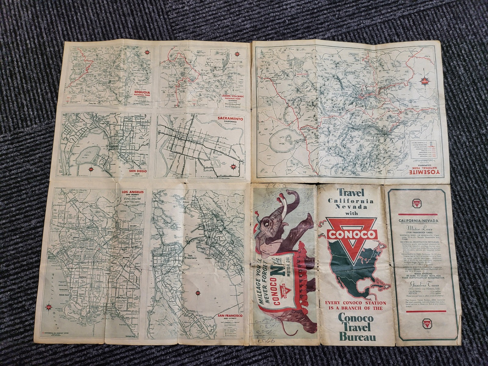 Vintage Conoco Travel Bureau CALIFORNIA NEVADA Oil Gas State Highway Road Map