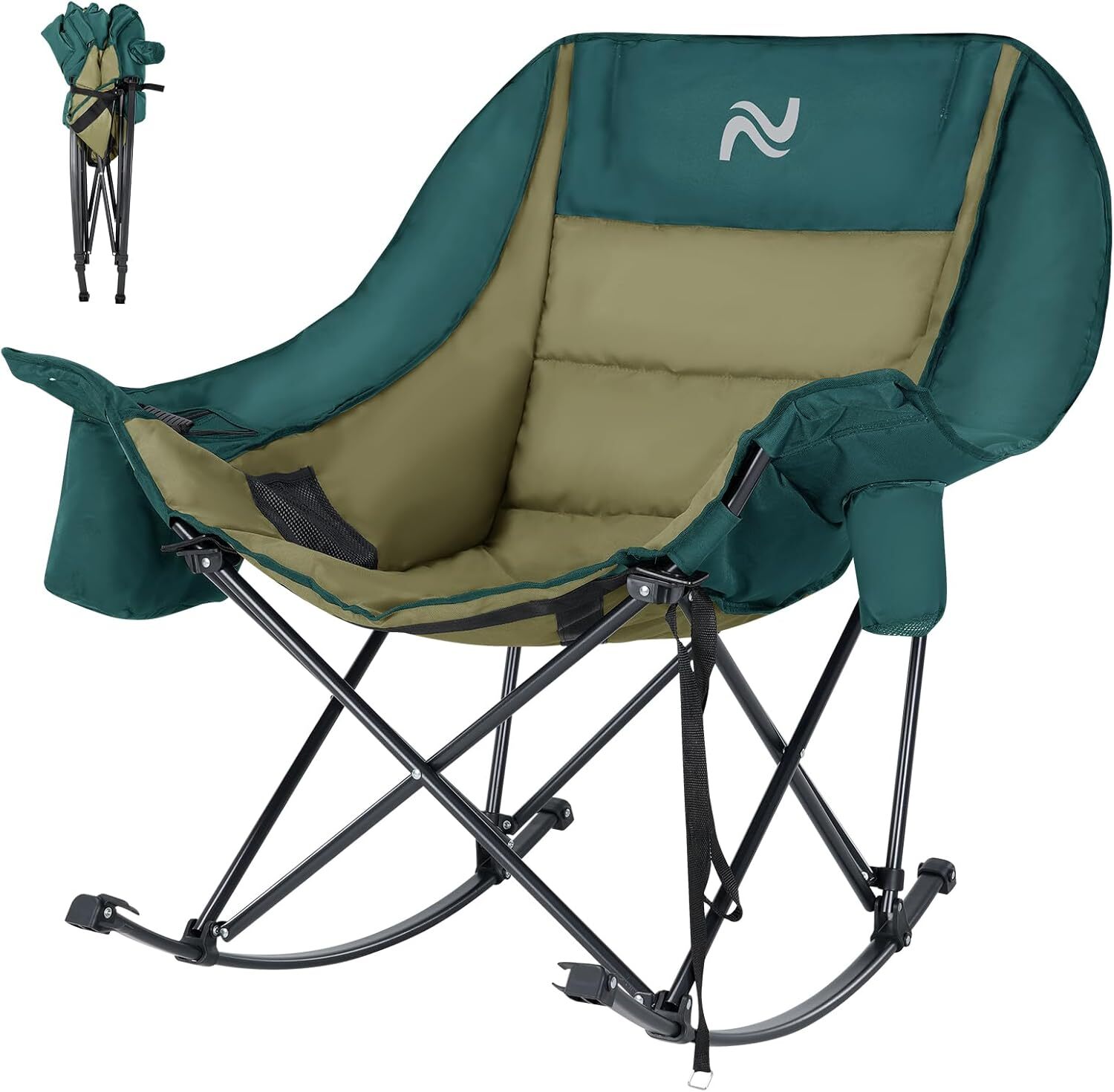 H&ZT Oversized Rocking Camping Chair Padded Folding Lawn Chair with Cooler Bag
