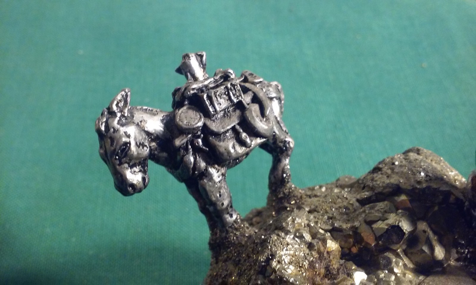 Pewter Gold Miner & Donkey Figure Panning on Pyrite Fool’s Gold Cluster Vintage