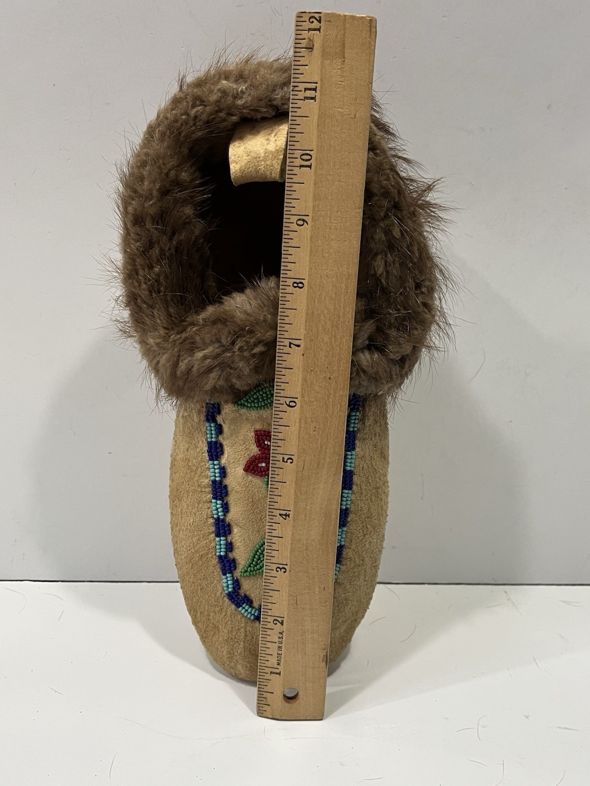 Single Vintage Beaded Indian Moccasin On Hide -Rabbit Fur With Floral Beading