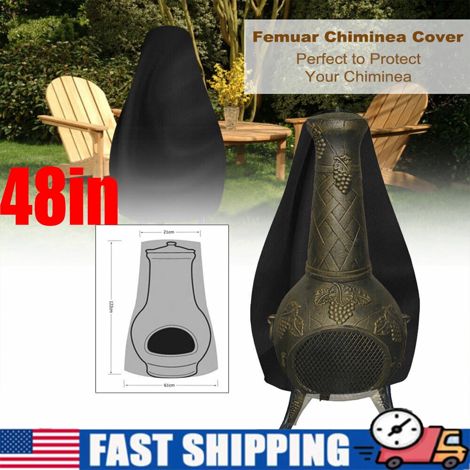 48inch Outdoor Patio Chiminea Cover Waterproof Protective Chimney Fire Pit Heate