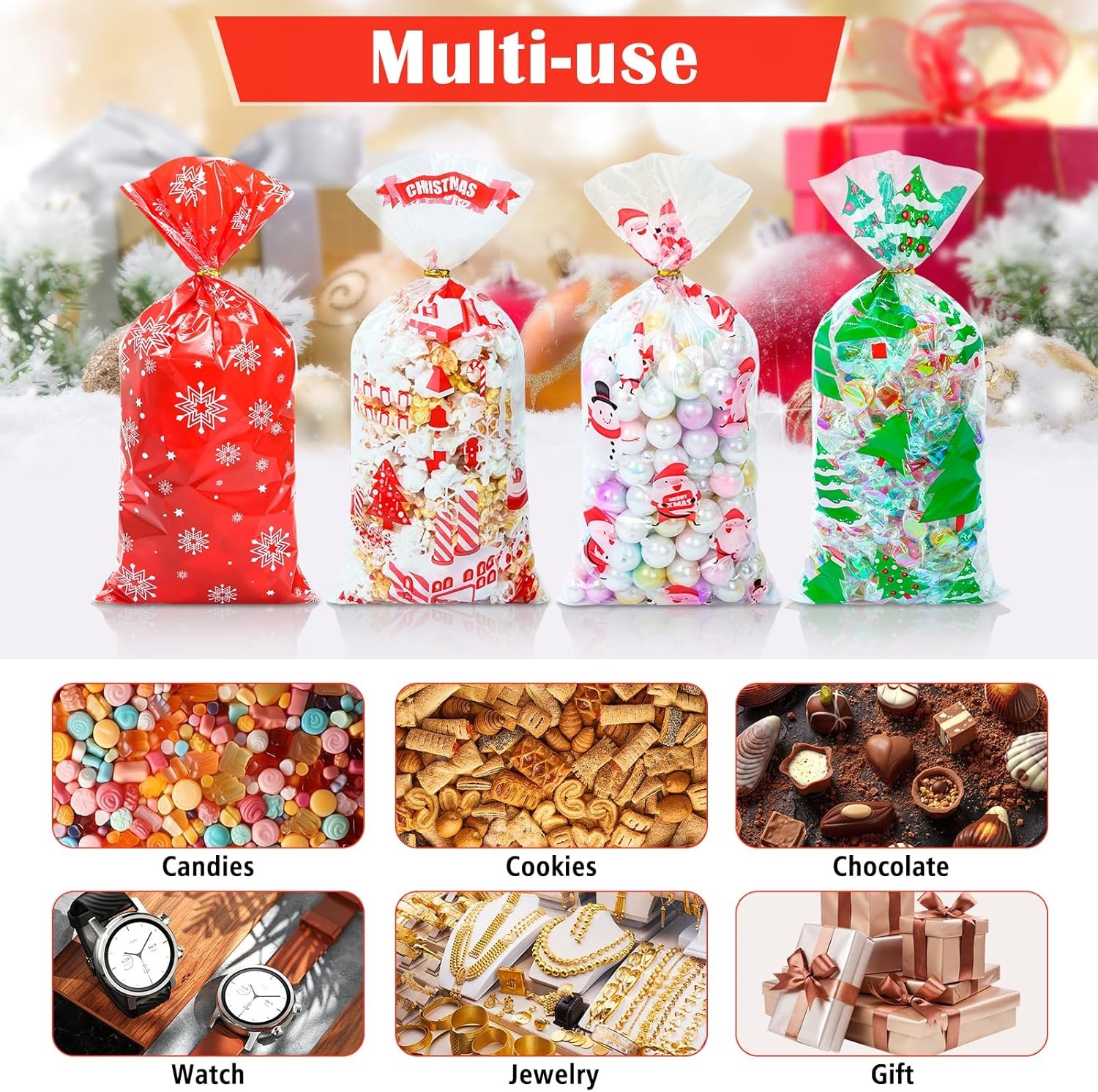 120 Pcs Christmas Cellophane Treat Bags Red Green Holiday Gift Cookie Wrap Sack